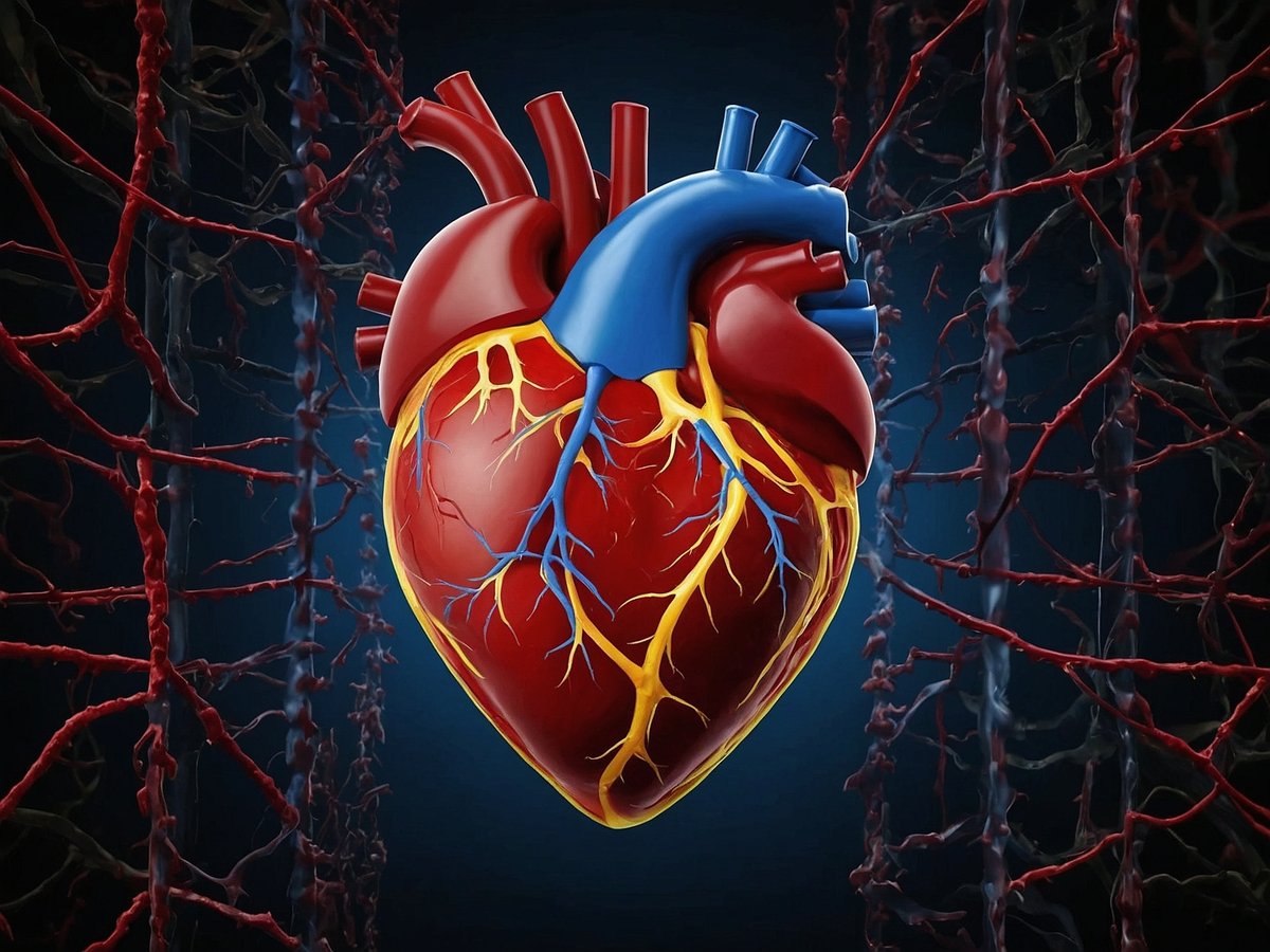 Das Bild zeigt ein anatomisch realistisches Modell eines menschlichen Herzens, das in der Mitte des Bildes positioniert ist. Das Herz ist rot und blau dargestellt, wobei das rote Gewebe die sauerstoffreiche und das blaue Gewebe die sauerstoffarme Blutversorgung symbolisiert. Rund um das Herz sind Blutgefäße in verschiedenen Farben, vor allem Rot und Blau, abgebildet, die die Verzweigungen und den Blutfluss verdeutlichen. Der Hintergrund des Bildes ist dunkel, was das Herz und die Gefäße hervorhebt. Diese Darstellung dient zur Veranschaulichung der Herzfunktion und der Kreislaufdynamik, die für das Verständnis von Herz-Kreislauf-Erkrankungen wie dem Herzinfarkt wichtig ist.
