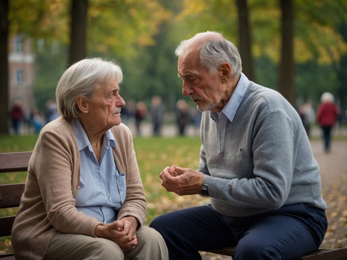 Ein älteres Ehepaar sitzt auf einer Bank in einem Park und führt ein Gespräch. Die Frau mit grauem Haar und einem hellen Pullover blickt konzentriert den Mann an, der einen grauen Pulli trägt. Er hat eine nachdenkliche Miene und gestikuliert mit der Hand, während er zu ihr spricht. Im Hintergrund sind unscharf weitere Personen zu sehen, die durch den Park spazieren. Die Umgebung zeigt herbstliche Bäume mit gelben Blättern.
