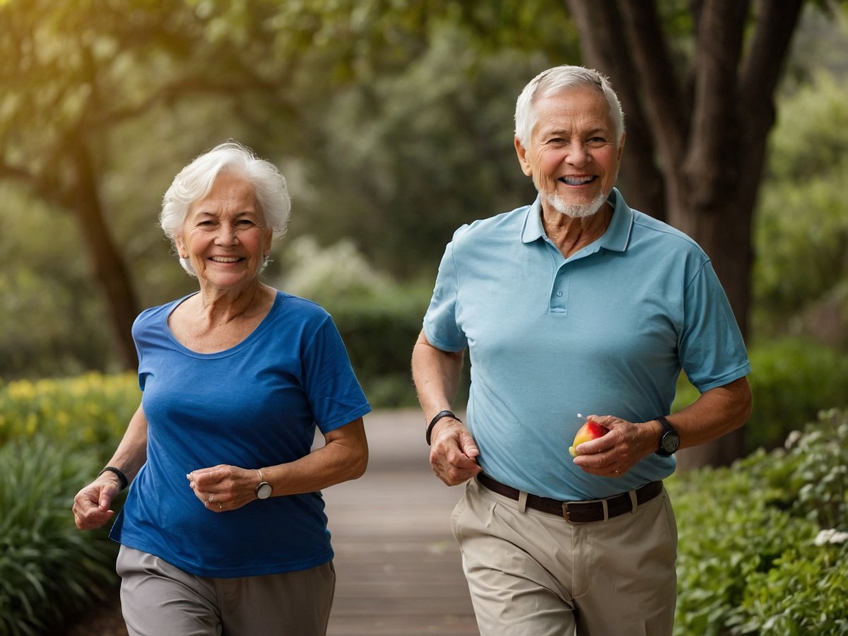 Ein älteres Paar läuft lächelnd auf einem schmalen Weg in einem Park umgeben von Bäumen und Blumen. Die Frau trägt ein blaues T-Shirt und die Männer ein hellblaues Polohemd. Sie scheinen aktiv und erfreut zu sein, während sie gemeinsame Zeit im Freien verbringen. Der Mann hält einen Apfel in der Hand, während sie entspannt joggen und die Natur genießen.