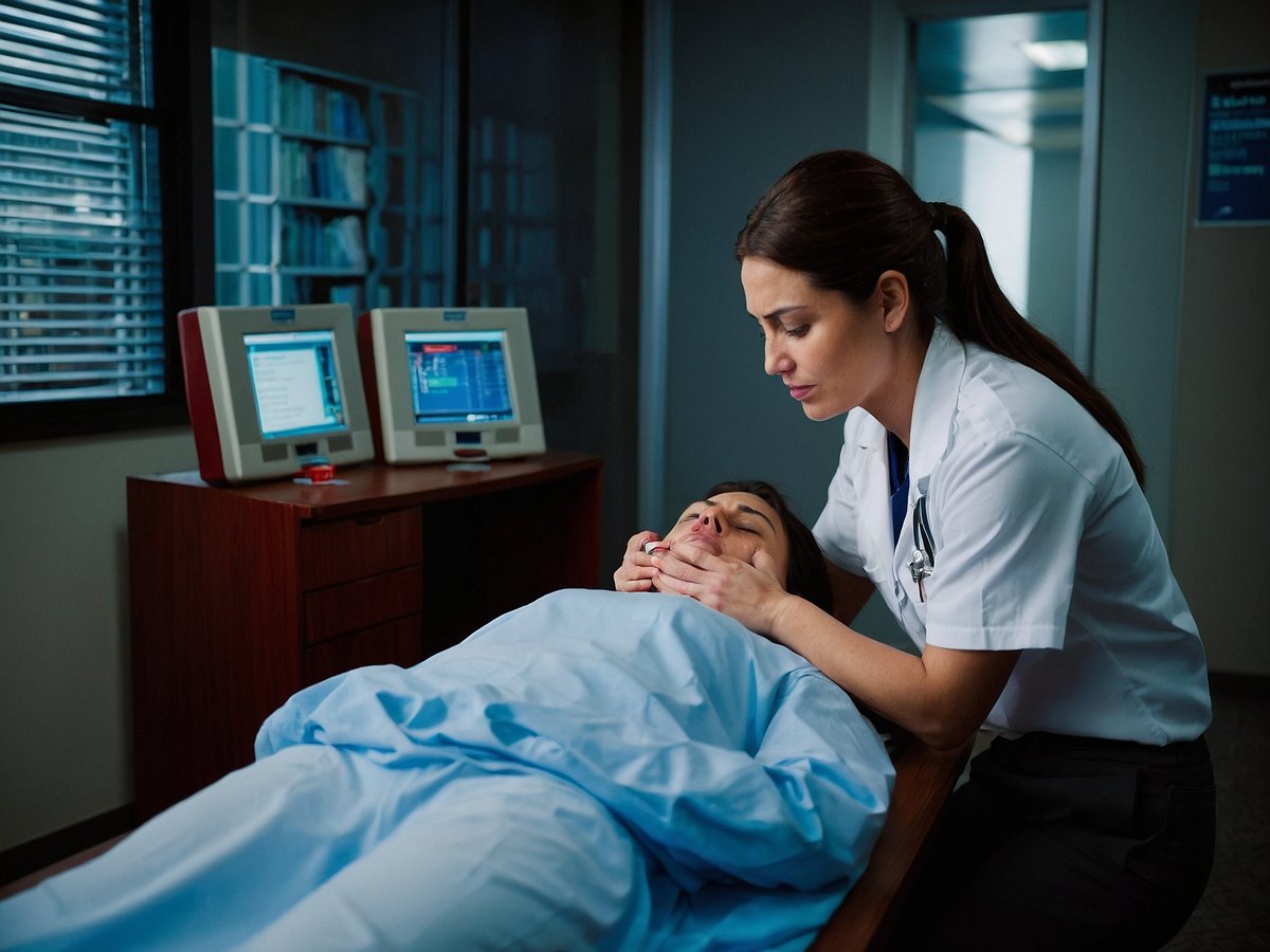 Eine Krankenschwester oder Ärztin beugt sich über eine liegende Patientin in einem Krankenhauszimmer. Die Patientin trägt einen blauen Krankenhauskittel und liegt auf einer Liege, während die medizinische Fachkraft die Hände an ihrem Gesicht hat. Im Hintergrund sind zwei Computerbildschirme zu sehen, die mit medizinischen Informationen und Monitoren ausgestattet sind. Das Licht ist weich und es gibt Fenster, die einen Blick nach draußen ermöglichen. Die Situation vermittelt einen Ernstfall im medizinischen Bereich.