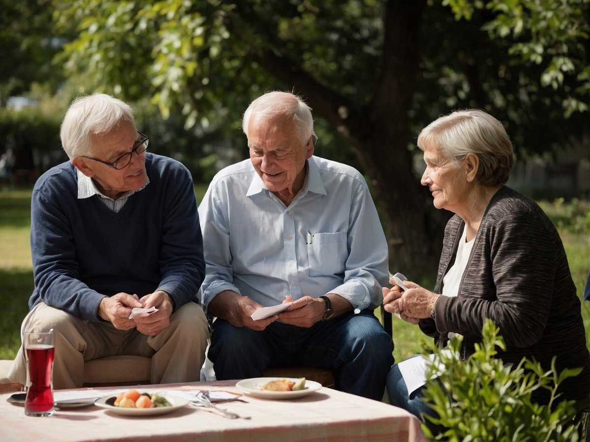 Drei Senioren sitzen an einem Tisch im Freien in einem parkähnlichen Umfeld und unterhalten sich freundlich. Zwei Männer und eine Frau sind sichtbar, wobei die Männer leicht lächeln und den Blick auf die Frau gerichtet haben. Auf dem Tisch befinden sich Teller mit Essen und ein Glas mit einem roten Getränk. Im Hintergrund sind Bäume und grünes Gras zu sehen, was eine angenehme und entspannte Atmosphäre schafft. Die Senioren tragen legere, bequeme Kleidung und scheinen eine angenehme Zeit zusammen zu verbringen.