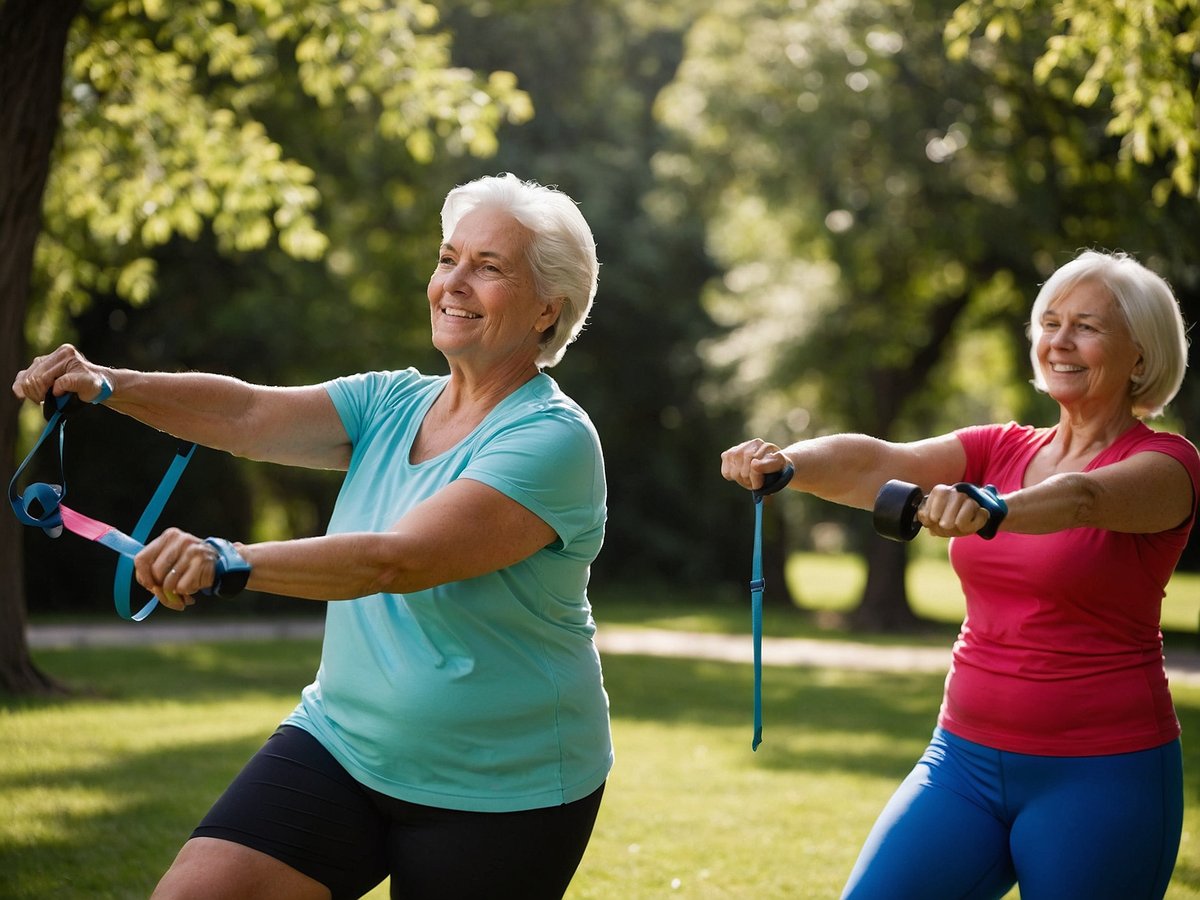 Zwei ältere Frauen üben im Freien mit Widerstandsbändern und Gewichten. Sie tragen sportliche Kleidung und lächeln, während sie in einem sonnigen Park trainieren. Das Bild zeigt die Bedeutung von Bewegung und Fitness zur Vorbeugung von Osteoporose und zur Verbesserung der allgemeinen Gesundheit im Alter.