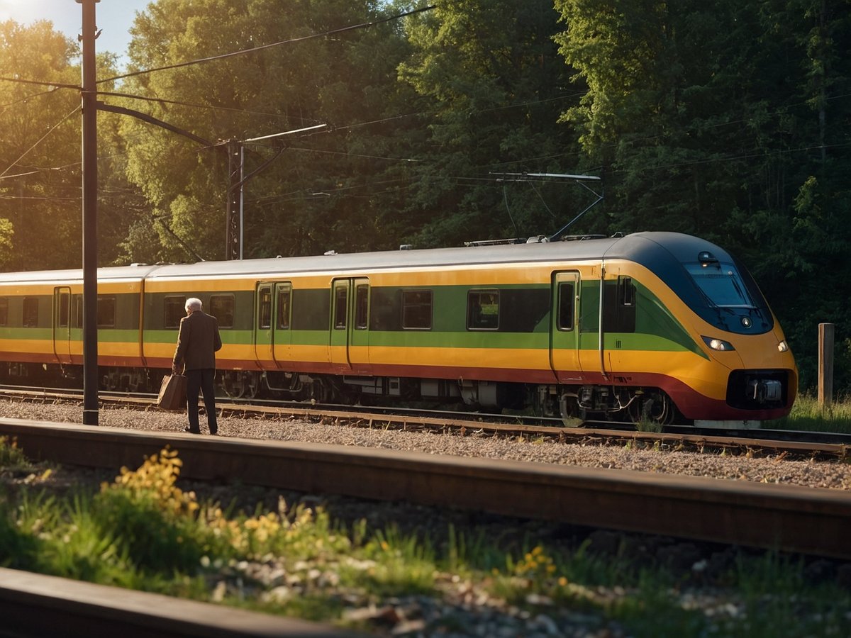 Ein älterer Mann mit grauen Haaren und einem Gehstock steht am Bahnsteig und schaut auf einen bunten Zug, der an einem sonnigen Tag an einem Wald vorbeifährt. Der Mann hält eine Tasche in der Hand und befindet sich in der Nähe von Schienen, die von grasbewachsenen Flächen umgeben sind. Der Zug hat eine charakteristische grüne, gelbe und rote Farbgestaltung.