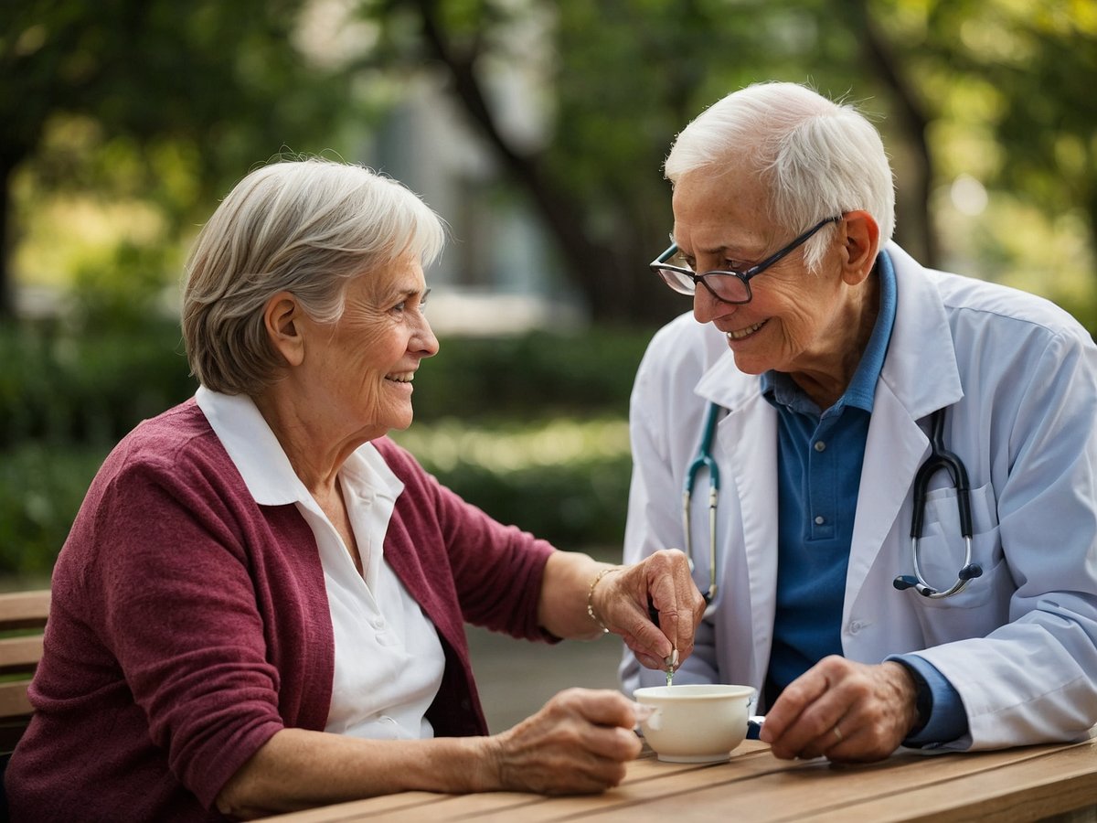 Eine ältere Frau und ein älterer Mann in Arztkleidung sitzen an einem Tisch im Freien und unterhalten sich freundlich. Die Frau, die ein rotes Strickjacket trägt, lächelt und greift mit einer Hand nach einer Tasse, während der Arzt ihr mit einem Löffel etwas in die Tasse gibt. Im Hintergrund sind grüne Bäume zu sehen, die eine entspannte Atmosphäre schaffen. Die Szene vermittelt ein Gefühl von Fürsorge und positiver Gemeinschaft, was zu präventiven Gesundheitsmaßnahmen und einem gesunden Lebensstil beiträgt.