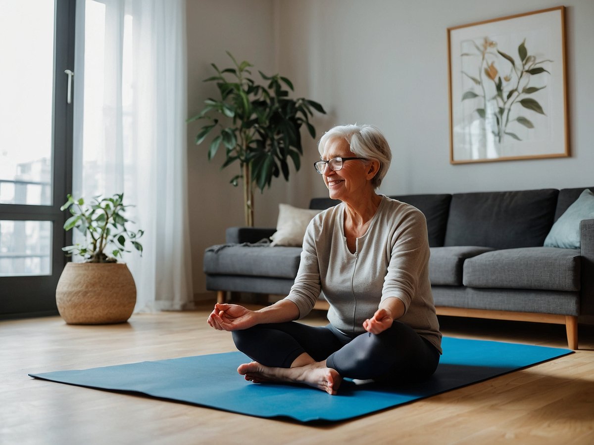 Eine ältere Frau meditiert auf einer blauen Yogamatte in einem hellen Raum. Sie sitzt im Schneidersitz, trägt bequeme Kleidung und lächelt entspannt. Hinter ihr steht ein graues Sofa und eine Pflanze ist in der Ecke des Raumes zu sehen. Große Fenster lassen Tageslicht herein und sorgen für eine angenehme Atmosphäre. Diese Szene vermittelt Ruhe und Entspannung, was für Menschen mit Arthrose hilfreich sein kann, um Symptome zu erkennen und zu lindern.