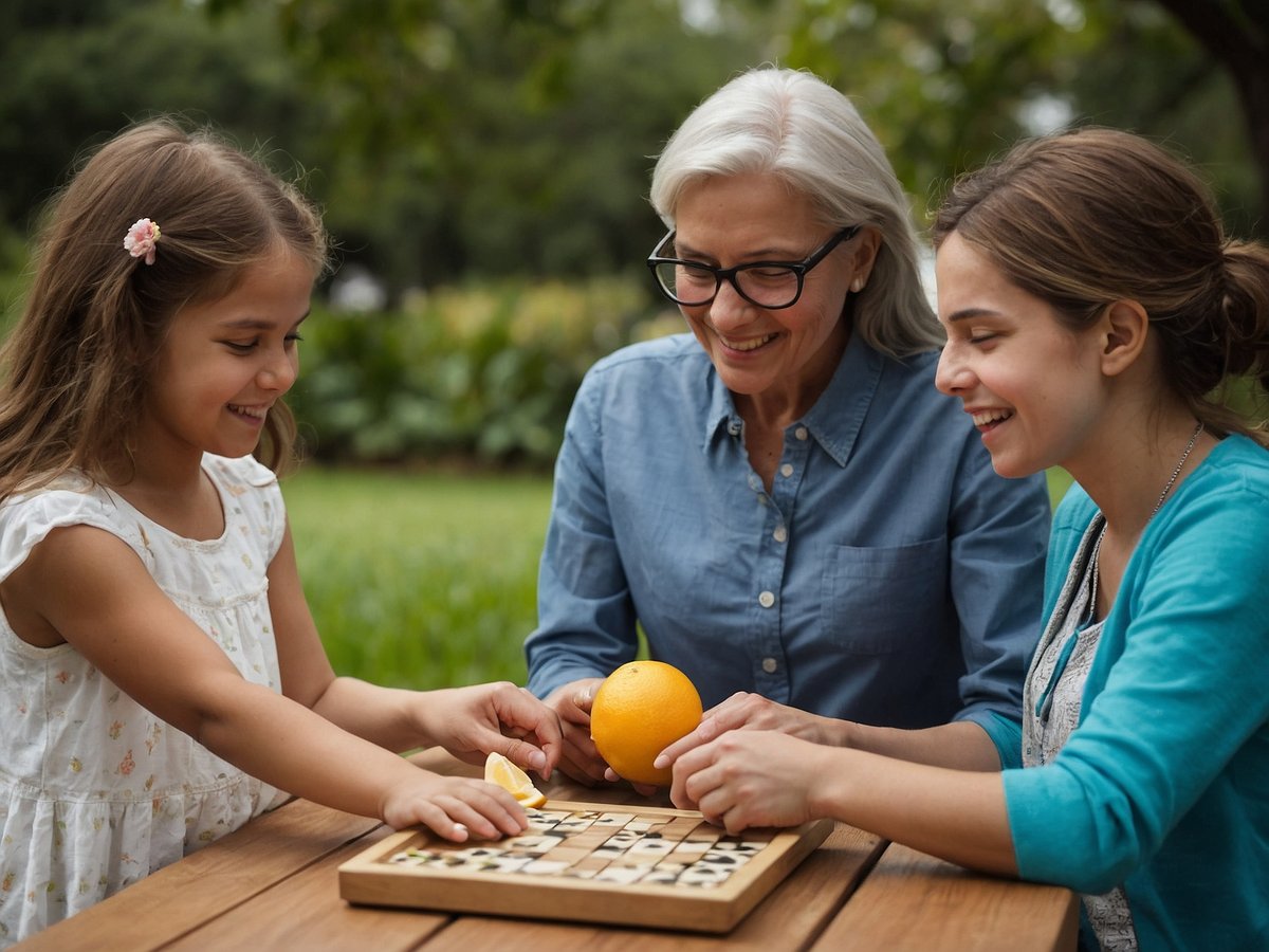 Drei Personen sitzen an einem Tisch im Freien und spielen gemeinsam ein Brettspiel. Eine ältere Frau mit grauen Haaren und Brille lächelt, während sie eine orange Frucht in der Hand hält. Neben ihr sitzt ein junges Mädchen mit langen braunen Haaren, das fröhlich einen Spielstein auf dem Tisch platziert. Eine weitere junge Frau mit mittellangen braunen Haaren und einem blauen Oberteil betrachtet die Aktivität und lächelt ebenfalls. Im Hintergrund sind grüne Pflanzen und Bäume zu sehen, was eine freundliche und einladende Atmosphäre schafft.
