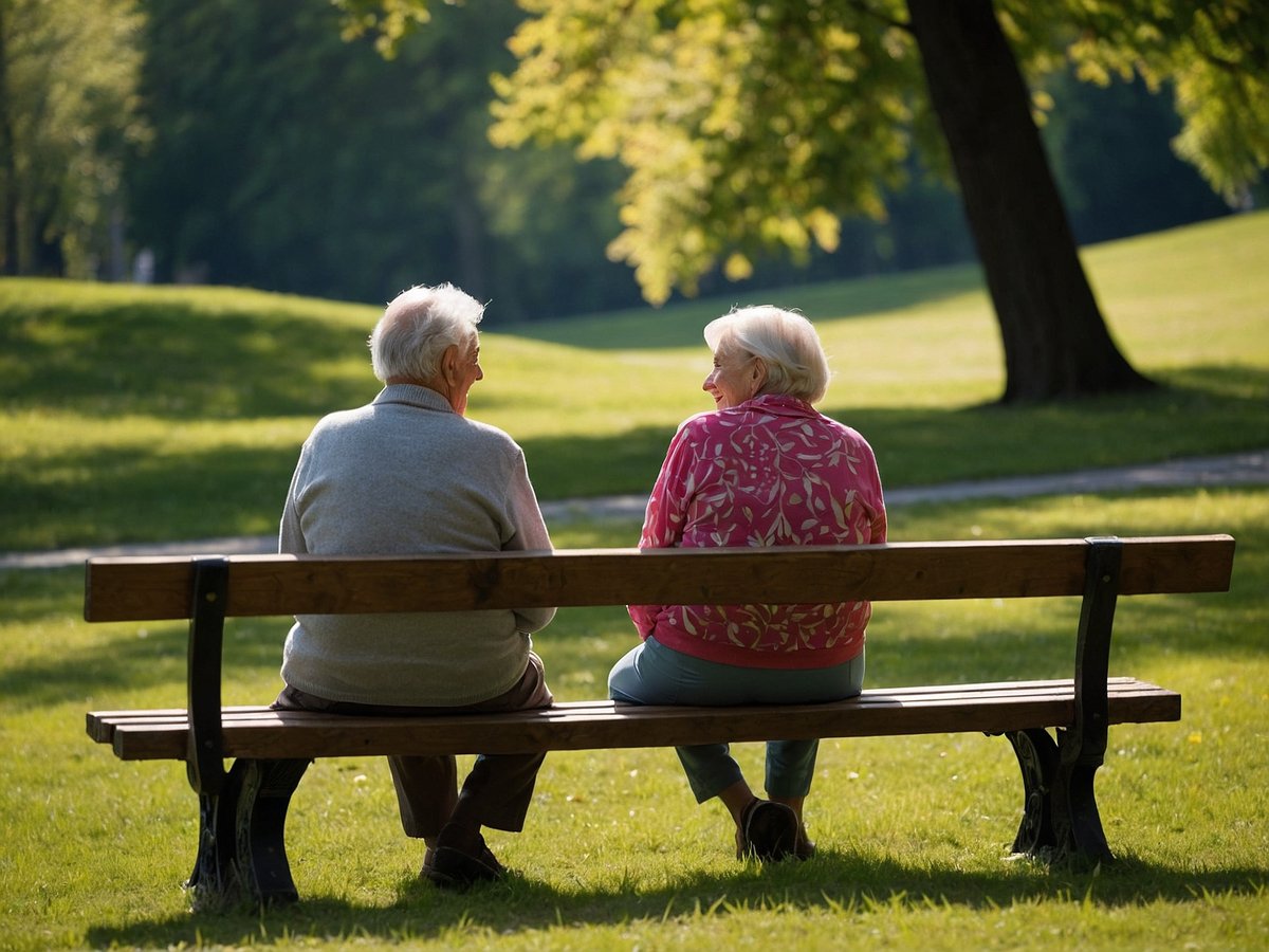 Ein älteres Ehepaar sitzt auf einer Parkbank und unterhält sich, während die Sonne auf eine grüne Wiese scheint. Der Mann trägt einen grauen Pullover und die Frau einen bunten Pulli mit floralem Muster. Die ruhige Umgebung und die angenehme Atmosphäre fördern die soziale Interaktion, was wichtig ist, um Herz-Kreislauf-Erkrankungen vorzubeugen und das allgemeine Wohlbefinden zu steigern.