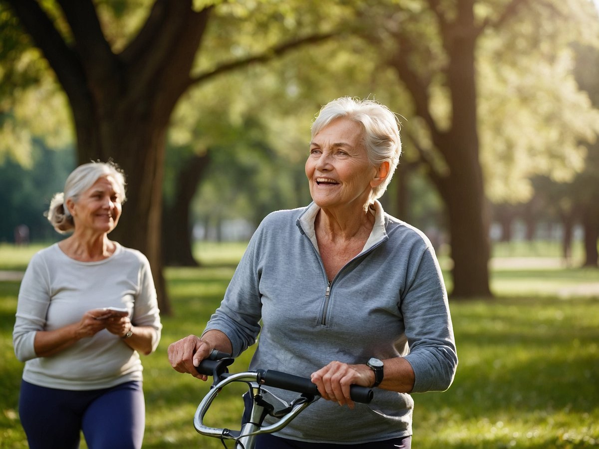 Zwei ältere Frauen sind im Park aktiv. Eine Frau fährt mit einem Rollator und lächelt dabei, während die andere Frau in sportlicher Kleidung neben ihr läuft und etwas in der Hand hält. Die Umgebung ist grün und sonnig, mit viel natürlichem Licht durch die Bäume. Das Bild vermittelt eine positive Atmosphäre der Bewegung und des sozialen Miteinanders, was als wichtige vorbeugende Maßnahme gegen Diabetes im Alter angesehen wird.