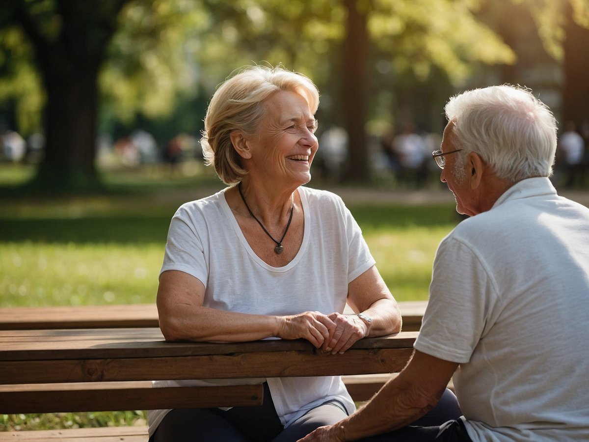 Zwei ältere Menschen sitzen an einem Holztisch im Freien und unterhalten sich. Die Frau hat kurzes, blondes Haar und trägt ein einfaches weißes T-Shirt. Sie lächelt und wirkt entspannt, während der Mann ihr gegenüber sitzt. Er hat graues Haar und eine Brille auf. Beide haben eine freundliche Ausstrahlung und scheinen eine angenehme Zeit miteinander zu verbringen. Im Hintergrund sind verschwommene Bäume und andere Menschen im Park zu sehen, was eine beruhigende und einladende Atmosphäre schafft.