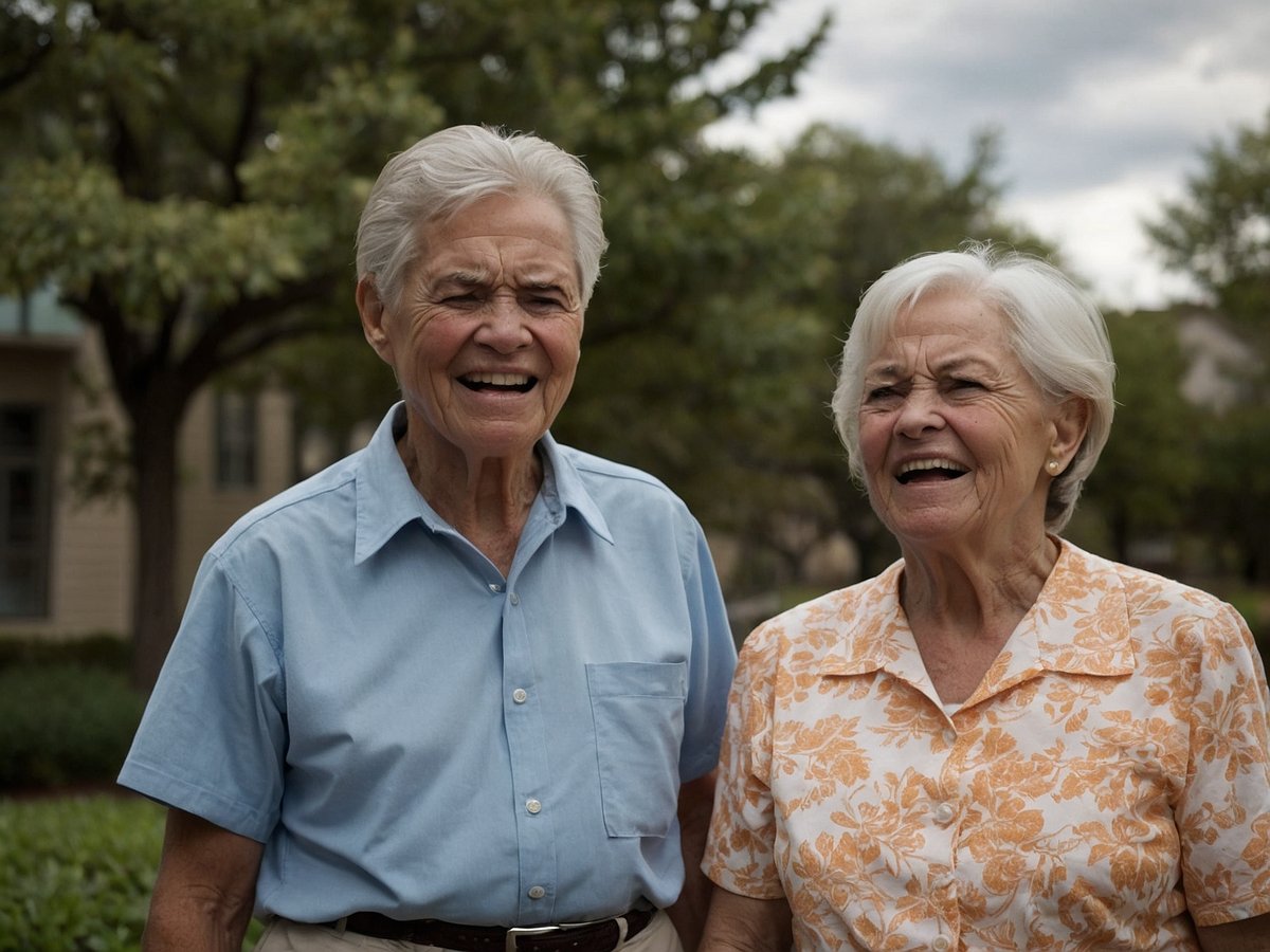 Zwei ältere Menschen stehen im Freien und lächeln glücklich. Die Person links trägt ein hellblaues Hemd und hat kurzes graues Haar. Die Person rechts trägt ein geblümtes Oberteil in Orange und hat ebenfalls graue Haare. Beide wirken entspannt und erfreut, während sie miteinander sprechen oder lachen. Im Hintergrund sind grüne Bäume und eine unklare Gebäudestruktur sichtbar, was auf eine angenehme Umgebung hindeutet.