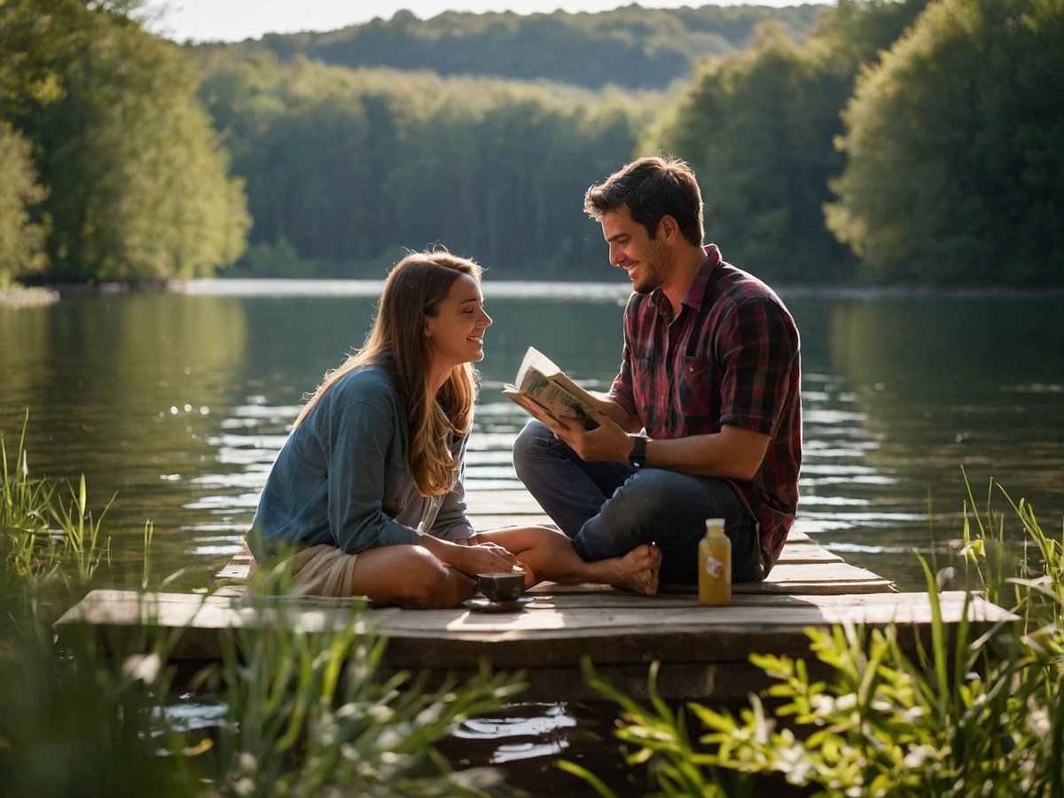Ein Paar sitzt lächelnd auf einer Holzplattform am Ufer eines ruhigen Sees. Die Frau trägt ein hellblaues Hemd und hat lange, lockige Haare, während der Mann ein kariertes Hemd trägt und ein Buch in der Hand hält. Sie scheinen eine angenehme Zeit miteinander zu verbringen, umgeben von üppigem Grün und der ruhigen Wasseroberfläche des Sees. Im Vordergrund sind einige Gräser und Pflanzen zu sehen, die dem Bild eine natürliche Atmosphäre verleihen. Dies vermittelt ein Gefühl von Harmonie und Zweisamkeit in einer idyllischen Umgebung.