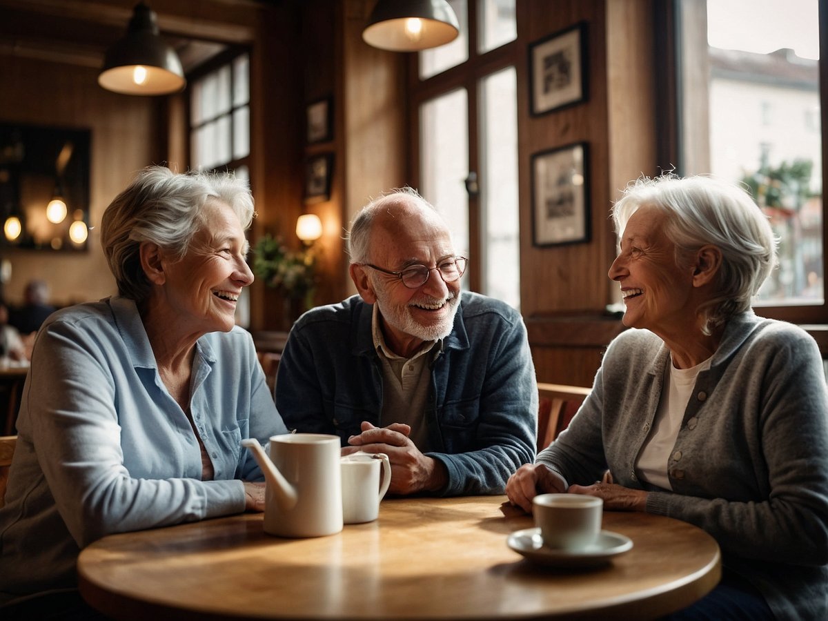 Drei Senioren sitzen an einem Holztisch in einem gemütlichen Café und lachen miteinander. Es gibt eine Teekanne und Tassen auf dem Tisch. Die Atmosphäre ist freundlich und entspannt, mit warmem Licht und einer holzgetäfelten Wand im Hintergrund. Die Senioren sind fröhlich und scheinen eine gute Zeit miteinander zu verbringen.