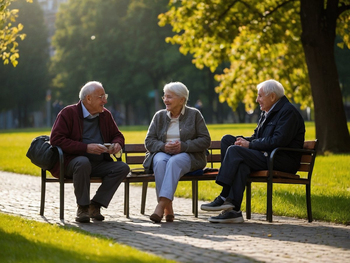 Drei ältere Menschen sitzen auf einer Bank in einem Park umgeben von grünen Bäumen und Gras. Zwei Männer und eine Frau unterhalten sich angenehm. Der Mann links hat eine Brille und hält eine Tasse, während die Frau in der Mitte lächelt und locker gekleidet ist. Der andere Mann sitzt rechts und hört aufmerksam zu. Die Sonne scheint und schafft eine freundliche Atmosphäre, die zur Gemeinschaft und zum Austausch anregt.