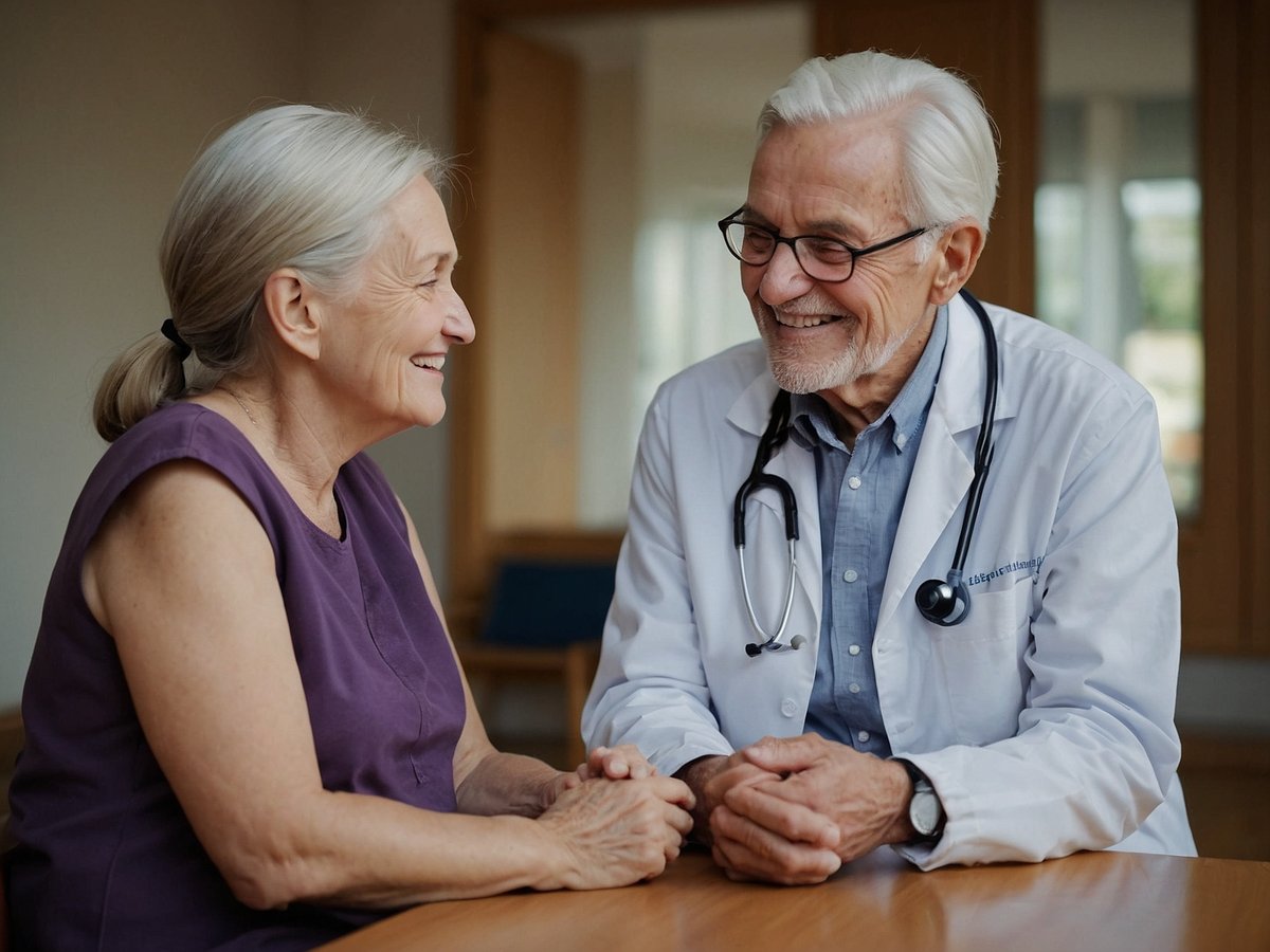 Ein älterer Mann in einem weißen Arztkittel mit Stethoskop lächelt und schaut freundlich eine ältere Frau an, die in einem lila Oberteil sitzt. Die beiden halten sich an den Händen und befinden sich in einem hellen Raum mit Holzmöbeln. Beide wirken entspannt und glücklich in ihrer Unterhaltung über das Thema Leqembi, einem Durchbruch in der Alzheimer-Therapie.