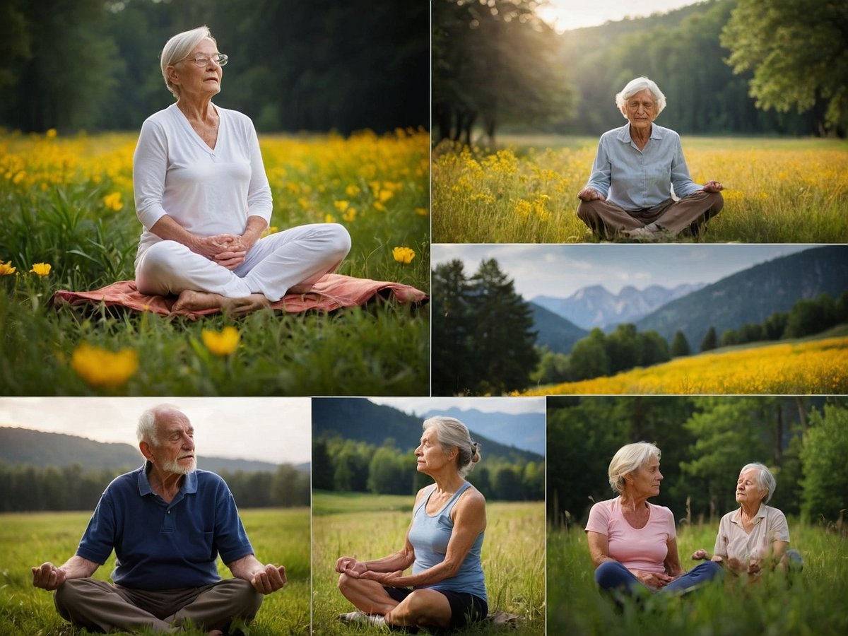 Auf dem Bild sind mehrere ältere Menschen zu sehen, die in einer idyllischen Landschaft meditative Praktiken ausüben. Die Umgebung besteht aus einem weitläufigen Feld mit gelben Blumen und sanften Hügeln im Hintergrund. Eine Frau sitzt im Vordergrund auf einer Matte und meditiert, während sie in eine friedliche Haltung versunken ist. Neben ihr meditieren weitere Personen, sowohl Frauen als auch Männer, in verschiedenen Posen. Einige scheinen sich im Austausch von Gedanken zu befinden, während andere tief in sich gekehrt sind. Die gesamte Szenerie strahlt Ruhe und Harmonie aus, passend zu den Entspannungstechniken, die Praxis für Körper und Geist darstellen.