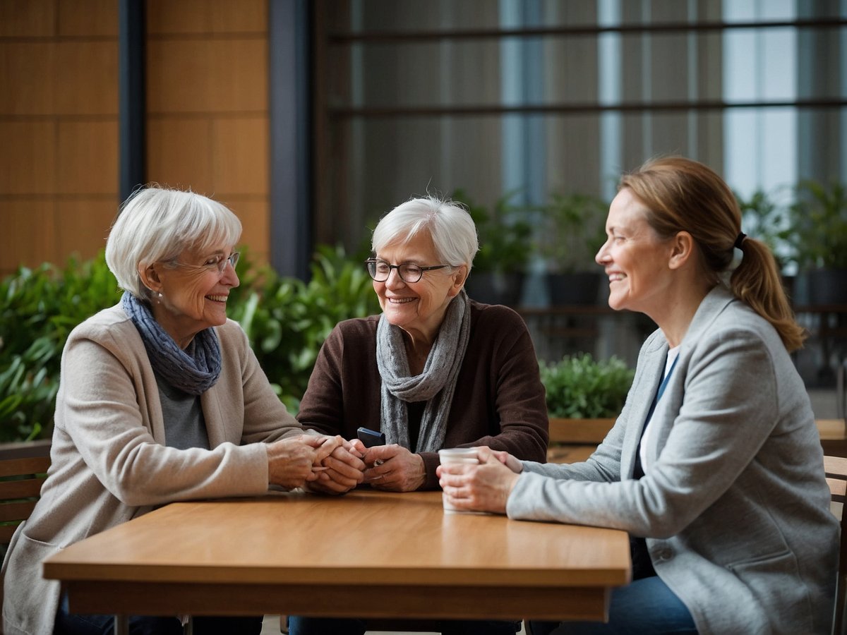 Drei ältere Frauen sitzen an einem Tisch in einem hellen, freundlichen Innenraum und lachen miteinander. Die Frauen haben graue Haare und tragen bequeme, lässige Kleidung. Sie scheinen sich gut zu verstehen und genießen die Gesellschaft der anderen. Im Hintergrund sind grüne Pflanzen zu sehen, die eine angenehme Atmosphäre schaffen. Auf dem Tisch steht ein Getränk. Die Geste der Frauen, die sich die Hände halten, deutet auf freundschaftliche Verbundenheit und Unterstützung hin. Solche sozialen Interaktionen sind wichtig für das Wohlbefinden älterer Menschen, da sie das Gefühl von Gemeinschaft und Zugehörigkeit fördern.