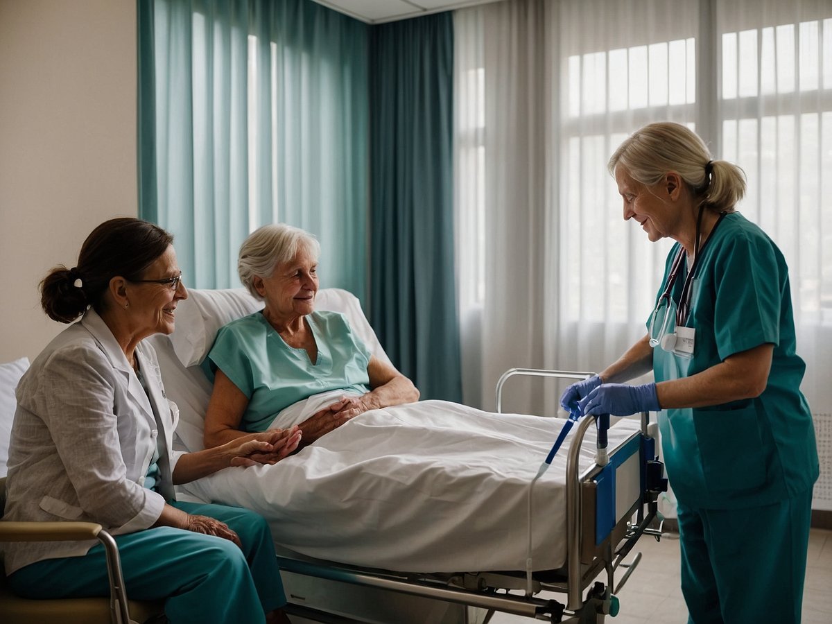Im Bild sind zwei Frauen zu sehen, die neben einem Krankenhausbett sitzen. Eine der Frauen, die auf dem Bett liegt, hat graue Haare und trägt ein grünes Pflegeoberteil. Die andere Frau, die auf einem Stuhl sitzt, sieht freundlich aus und hält die Hand der Frau im Bett. Eine Krankenschwester mit blauen Handschuhen und einem Stethoskop um den Hals spricht mit den beiden. Die Stimmung im Raum ist freundlich und unterstützend, während Tageslicht durch die Fenster strömt und eine helle, beruhigende Atmosphäre schafft.