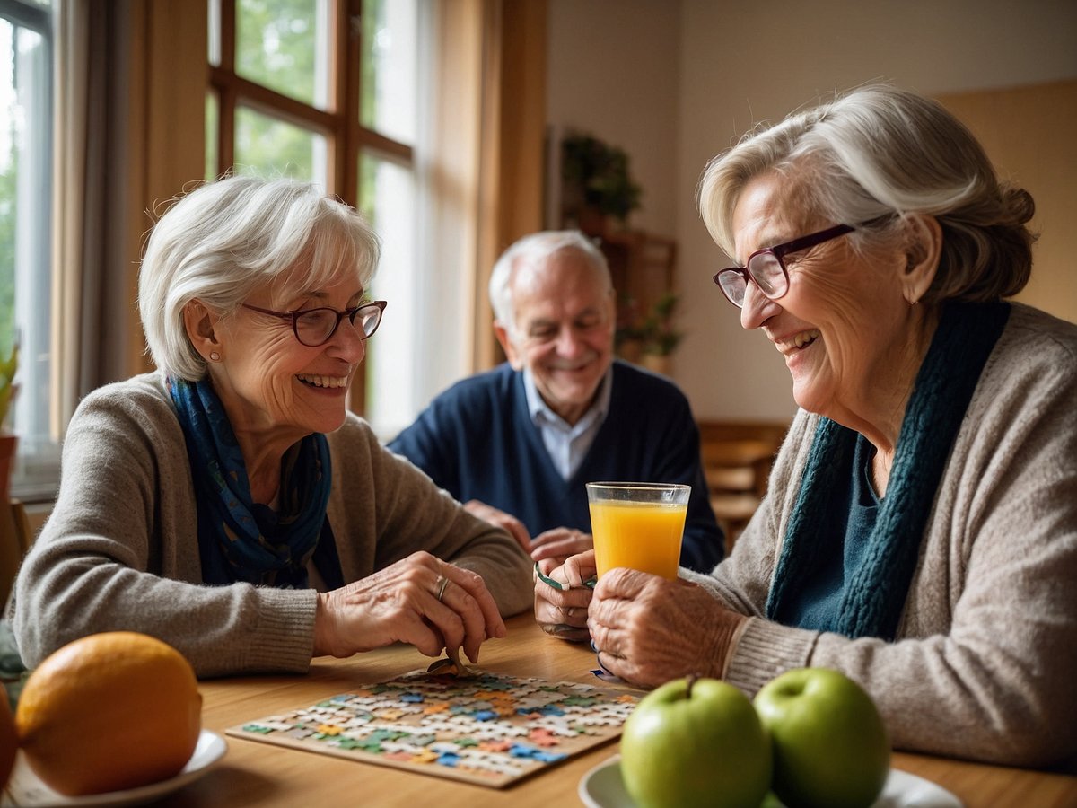 Drei Senioren sitzen an einem Tisch in einem hellen Raum mit großen Fenstern. Sie lachen und haben eine fröhliche Unterhaltung. Auf dem Tisch liegt ein Spielbrett mit bunten Spielsteinen. Eine der Frauen hält eine Hand mit einem orangenen Getränk, während eine andere Frau auf das Spielbrett schaut und spielt. Auf dem Tisch sind zudem frische Äpfel und eine Orange zu sehen. Diese harmonische Szene zeigt die soziale Interaktion und die Lebensfreude im Alter, was für die Alzheimer-Forschung von Bedeutung ist, da soziale Aktivitäten positive Auswirkungen auf die geistige Gesundheit haben können.