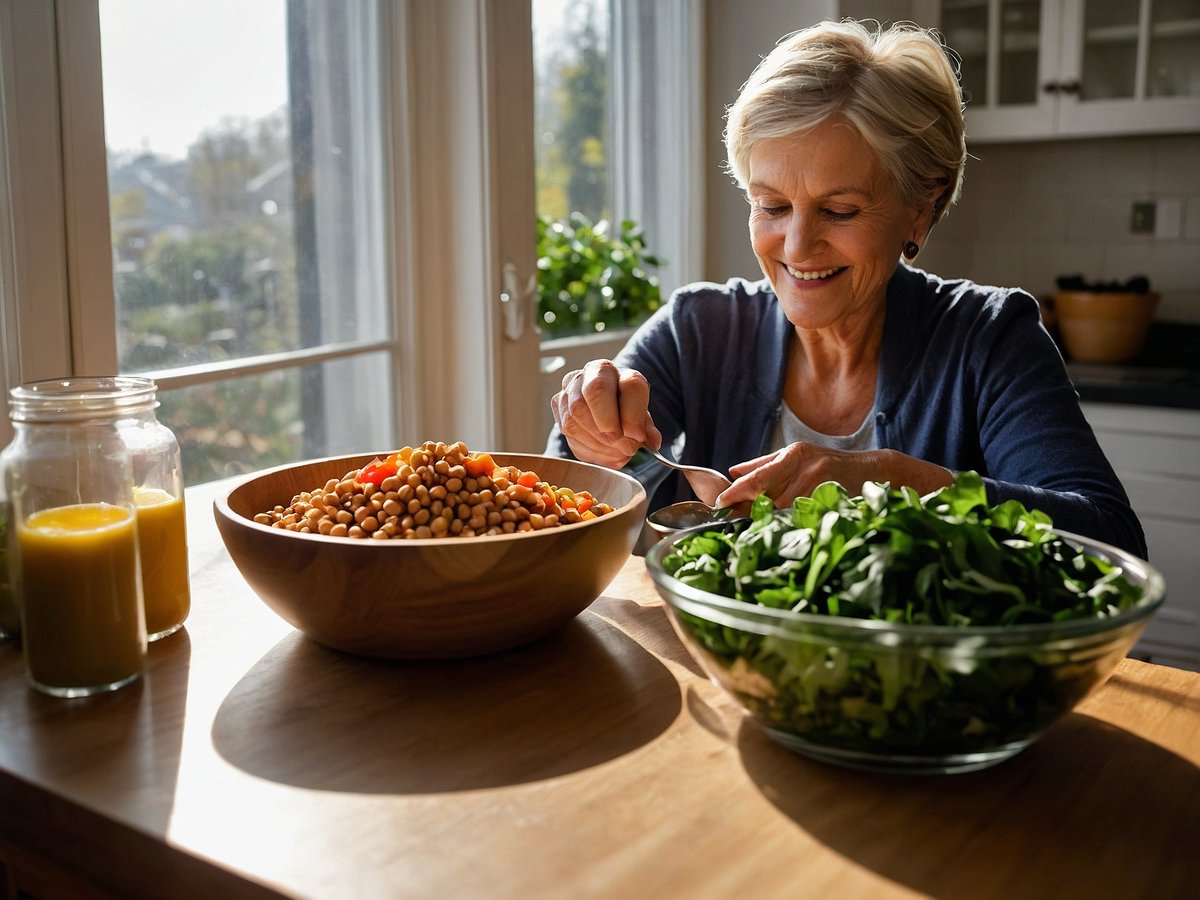 Auf dem Bild sieht man eine ältere Frau, die an einem Tisch in einer hellen Küche sitzt und mit einem Löffel eine Schüssel mit Hülsenfrüchten und Gemüse befüllt. Vor ihr gibt es eine große Schüssel mit frischem Blattgemüse und daneben zwei Gläser mit Säften. Das Licht fällt durch die Fenster und schafft eine freundliche Atmosphäre.