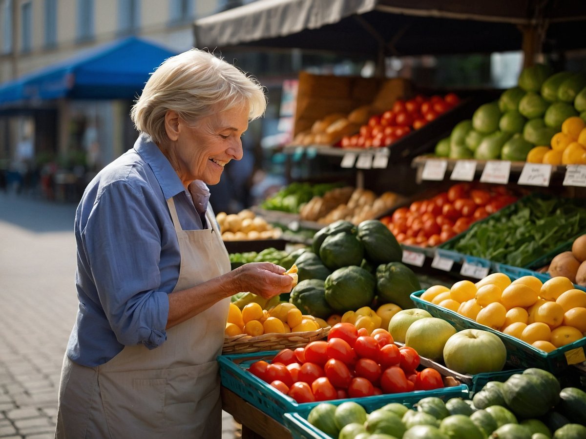 Eine ältere Frau steht an einem Marktstand mit frischem Obst und Gemüse. Sie betrachtet aufmerksam die Auswahl an Lebensmitteln, darunter gelbe Zitrusfrüchte, grüne Paprika, rote Tomaten und verschiedene Sorten von Äpfeln. Die Atmosphäre ist freundlich und einladend, und die Frau trägt eine helle Schürze. Die bunten Produkte sind üppig angeordnet und laden dazu ein, gesunde Entscheidungen zu treffen.