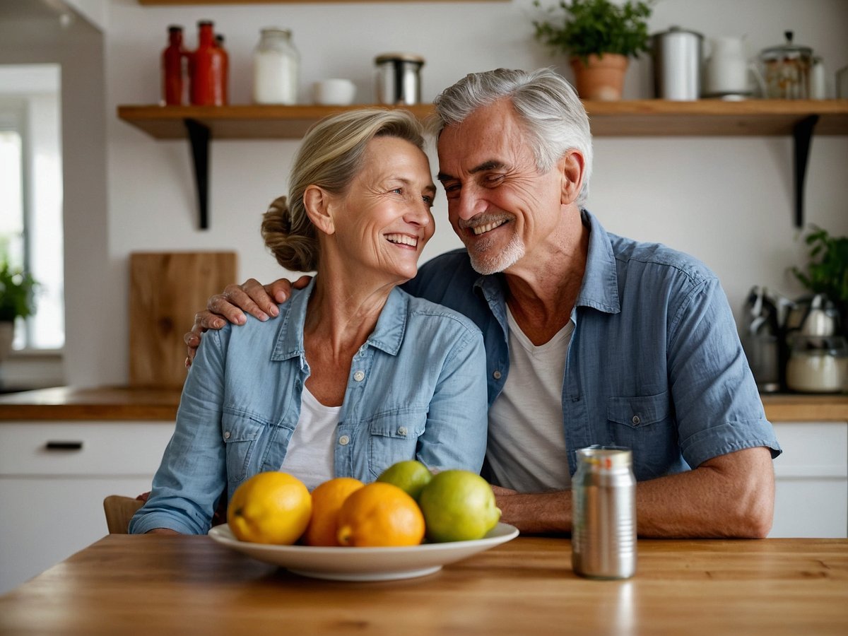 Ein älteres Paar sitzt lächelnd am Tisch in einer modernen Küche sie haben sich aneinander gelehnt und genießen einen Moment der Zweisamkeit vor ihnen liegt eine Schüssel mit Zitrusfrüchten darunter sind einige Orangen und eine Zitrone ein gleichfarbiger Apfel und eine Dose Getränk auf dem Tisch die Atmosphäre ist warm und freundlich die Umgebung wirkt einladend und gemütlich um solchen Zuckergehalt in Getränken und Früchten zu reduzieren sollte man diese bei einer gesunden Ernährung meiden
