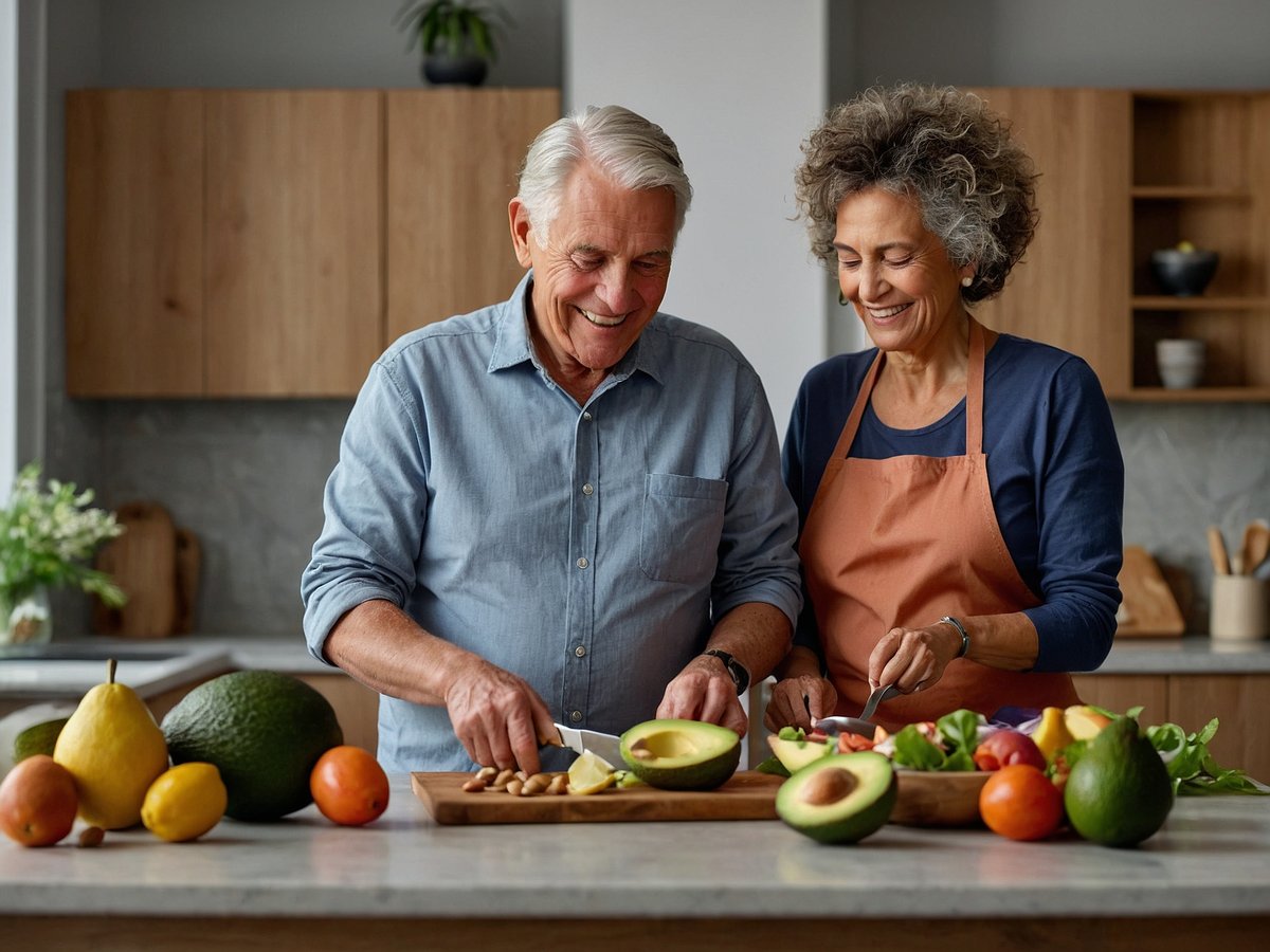 Ein älteres Paar steht in einer modernen Küche und bereitet gesunde Mahlzeiten vor. Der Mann schneidet sorgfältig eine Avocado auf einem Holzbrett, während die Frau daneben eine bunte Mischung aus Gemüse und Obst vorbereitet. Auf der Küchenzeile sind verschiedene frische Zutaten wie Avocados, Zitrusfrüchte und Salatblätter sichtbar. Beide Personen lächeln und wirken glücklich, während sie gemeinsam kochen und sich auf gesunde Ernährung konzentrieren.