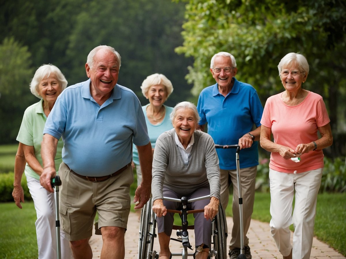 Eine Gruppe älterer Menschen geht fröhlich auf einem gepflasterten Weg in einem Park. Sie spüren die positiven Effekte von Bewegung auf ihre Gesundheit und Lebensqualität. Einige Personen nutzen Gehhilfen, während eine Frau in einem Rollstuhl sitzt, doch alle wirken aktiv und miteinander verbunden. Diese gemeinsame Aktivität fördert nicht nur die Fitness, sondern auch das soziale Miteinander, was für das Gewichtsmanagement und das allgemeine Wohlbefinden im Alter wichtig ist. Die Umgebung ist grün und einladend, was die Freude an der Bewegung unterstreicht.