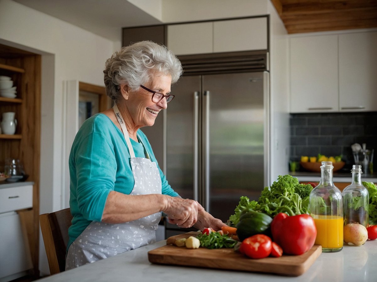 Eine ältere Frau mit grauen Haaren und einer Brille steht in einer modernen Küche und schneidet frisches Gemüse auf einem Holzbrett. Sie trägt eine hellgraue Schürze über einem türkisen Pullover und lächelt, während sie konzentriert die Karotte in der Hand hält. Um sie herum sind frische Zutaten wie Salat, Paprika, Tomaten und eine Flasche Saft auf der Arbeitsfläche arrangiert. Im Hintergrund sind Küchenschränke und ein Kühlschrank sichtbar, die ein helles und einladendes Ambiente schaffen.