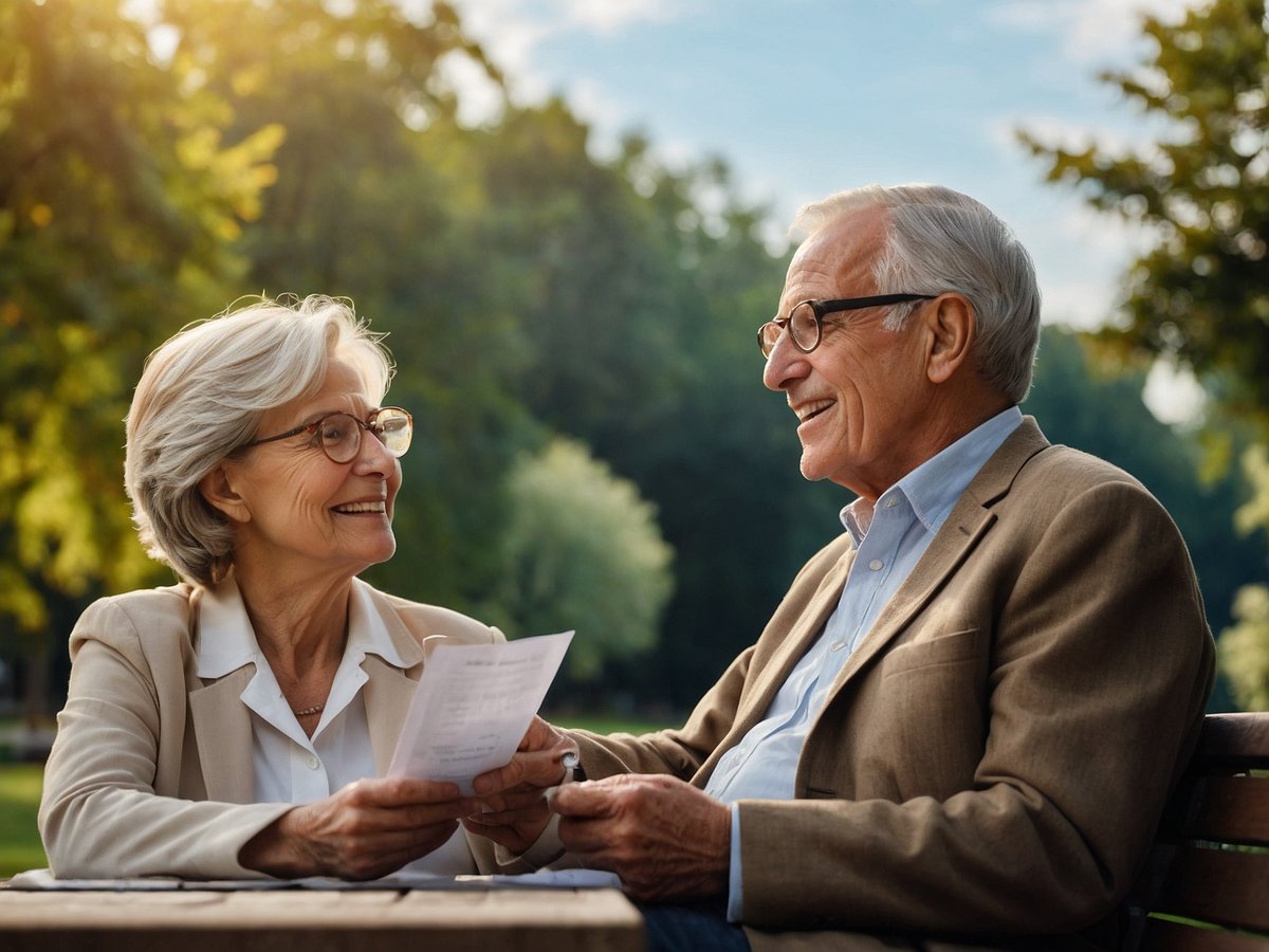 Zwei ältere Menschen sitzen auf einer Bank in einem Park und unterhalten sich. Die Frau lächelt und hält ein Blatt Papier in der Hand, während der Mann ihr aufmerksam zuhört und ebenfalls lächelt. Im Hintergrund sind verschwommene Bäume und eine grüne Wiese zu sehen, wodurch eine ruhige und angenehme Atmosphäre entsteht. Diese Szene reflektiert die Bedeutung von finanzieller Planung und den Austausch über finanzielle Herausforderungen im Alter.