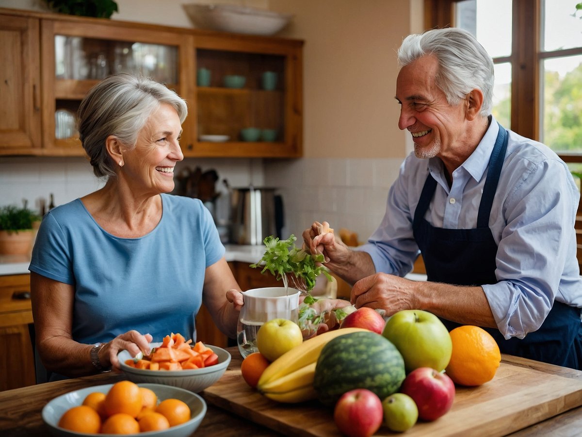 Ein älteres Paar steht in einer hellen Küche und lächelt einander an. Die Frau trägt ein hellblaues T-Shirt und hat graue Haare, die zu einem kurzen Schnitt frisiert sind. Sie hält eine Tasse in der Hand und schaut den Mann an, der an einer Arbeitsplatte steht. Der Mann hat graue Haare und trägt ein weißes Hemd sowie eine dunkelblaue Schürze. Vor ihm befindet sich ein großer Holzschneidebrett mit frischem Obst und Gemüse, darunter Äpfel, eine Wassermelone, Bananen sowie eine Schüssel mit geschnittenem Obst. Die Szene vermittelt eine freundliche Atmosphäre und hebt die Bedeutung von gesunder Ernährung in der Gemeinschaft hervor.