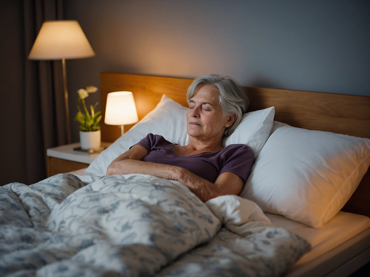 Eine ältere Frau liegt entspannt in einem gemütlich eingerichteten Schlafzimmer und schläft friedlich im Bett. Ihr Kopf ruht auf einem weichen Kopfkissen, während sie mit einer Decke zugedeckt ist. Sanftes Licht von einer Nachttischlampe und einer Stehlampe sorgt für eine beruhigende Atmosphäre. Neben dem Bett steht ein kleiner Tisch mit einer Pflanze, was den Raum einladend und wohnlich erscheinen lässt. Die Szene vermittelt ein Gefühl von Ruhe und mentaler Fitness durch ausreichenden Schlaf.