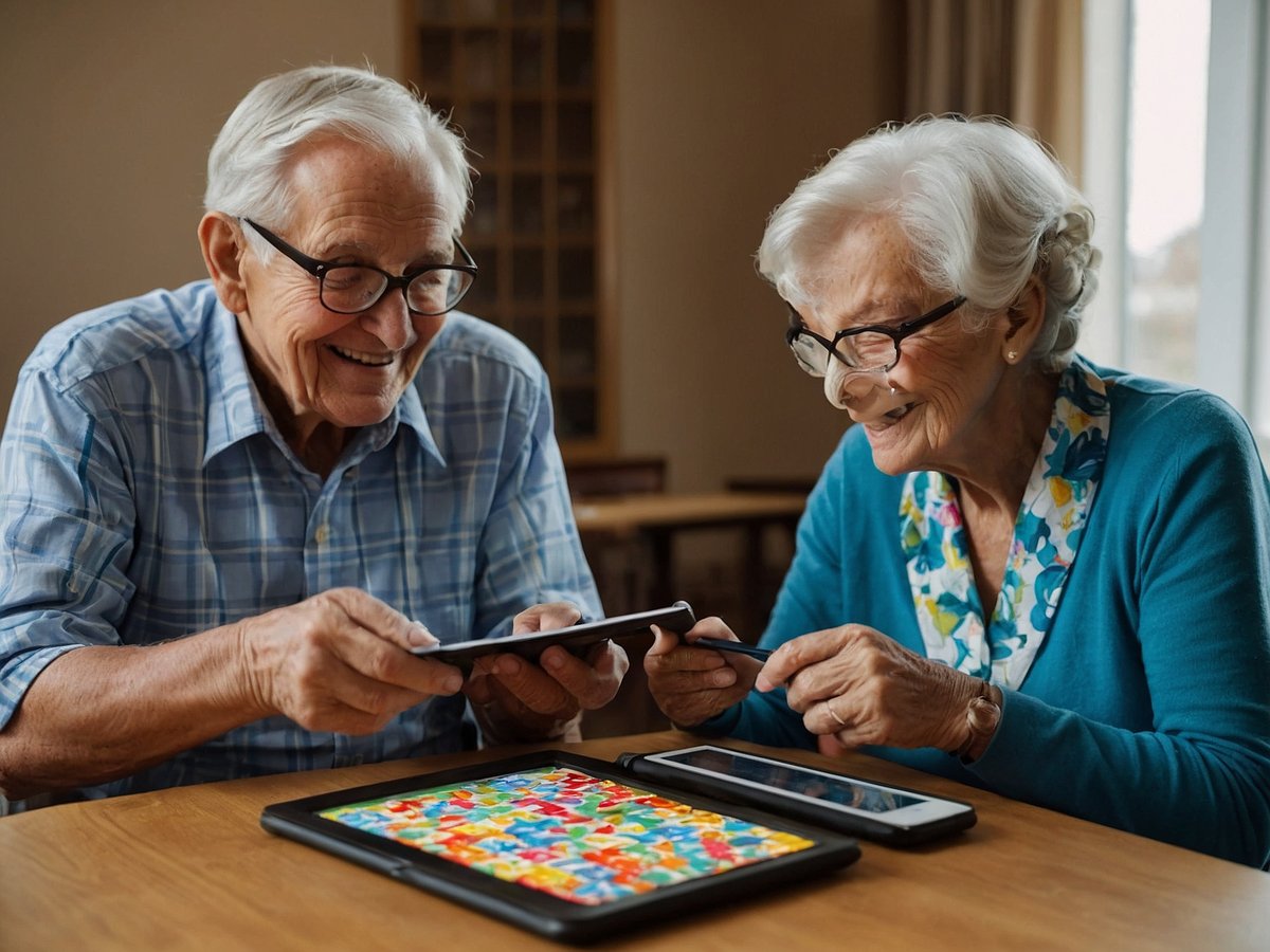Auf dem Bild sind ein älterer Mann und eine ältere Frau zu sehen, die zusammen an einem Tisch sitzen und auf Tablets schauen. Beide lächeln und scheinen sich zu amüsieren, während sie miteinander interagieren. Der Mann hält ein Tablet in der Hand, während die Frau auf ihr eigenes Gerät schaut. Vor ihnen liegt ein weiteres Tablet mit bunten Buchstaben oder Symbolen darauf. Der Raum hat eine gemütliche Atmosphäre mit natürlich einfallendem Licht und einem schlichten Holz-Tisch.