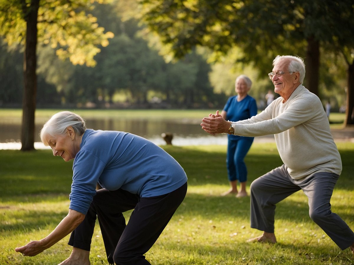 Eine Gruppe älterer Menschen trainiert im Freien in einem Park am Wasser. Eine Frau beugt sich nach vorne und streckt ihren Arm aus, während ein Mann in einer halb tiefen Hocke steht und die Hände nach vorne ausstreckt. Im Hintergrund steht eine weitere Frau, die ebenfalls an der Aktivität teilnimmt. Alle Teilnehmer lächeln, was eine positive Atmosphäre der körperlichen Aktivität und geistigen Fitness vermittelt. Der Park ist grün und sonnig, was eine einladende Umgebung für Bewegung schafft.
