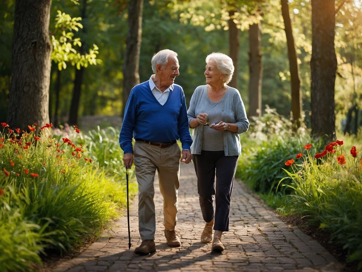 Ein älteres Paar spaziert gemütlich auf einem gepflasterten Weg, umgeben von grünen Bäumen und bunten Blumen. Der Mann trägt einen blauen Pullover und hält einen Gehstock, während die Frau in einem grauen Oberteil lächelt. Sie scheinen sich gut zu unterhalten und genießen die Natur um sie herum. Das Licht der Nachmittagssonne schafft eine warme und einladende Atmosphäre.