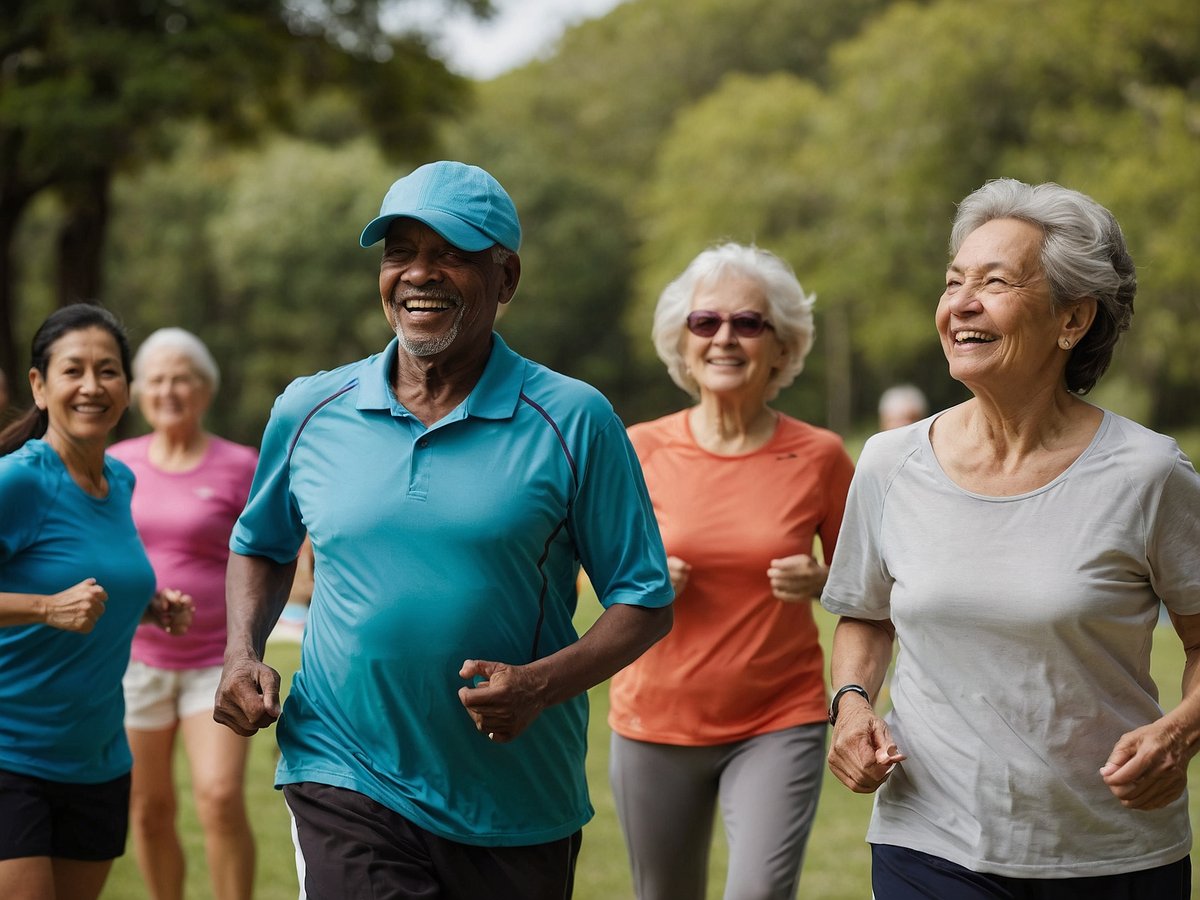 Eine Gruppe von Senioren joggt fröhlich in einem Park. In der Mitte steht ein älterer Mann in einem blauen Shirt und einer Mütze, der lächelt und Energie ausstrahlt. Neben ihm joggen mehrere Frauen in bunten Sportshirts, die ebenfalls fröhlich wirken. Die Szene vermittelt ein Gefühl von Gemeinschaft und aktiver Lebensweise im Freien, umgeben von einer grünen Landschaft. Die Sonne scheint und die Teilnehmer genießen offensichtlich ihre sportliche Betätigung und die Gesellschaft ihrer Freunde.