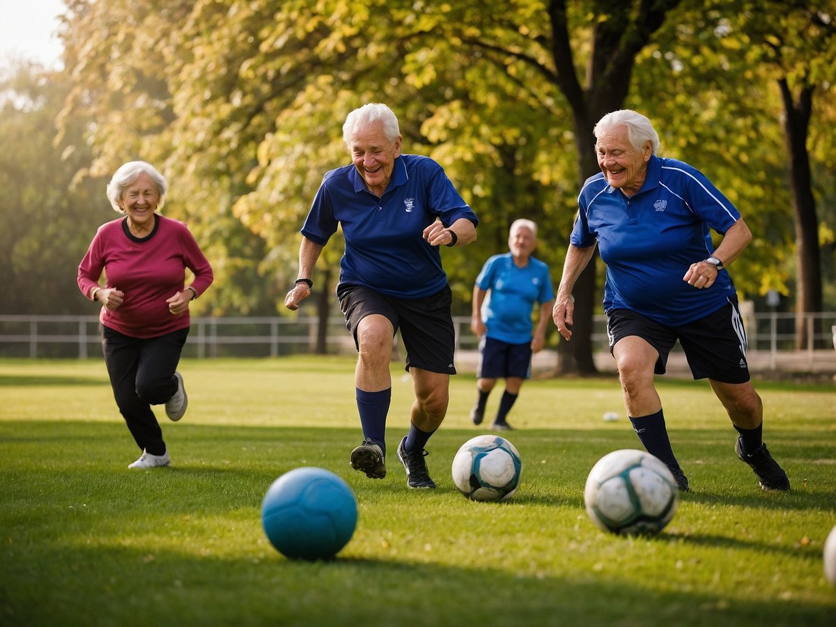 Eine Gruppe älterer Menschen spielt auf einem grünen Rasenfußball. Es sind drei Männer und eine Frau zu sehen, die mit Freude den Ballsport ausüben. Die Teilnehmer tragen sportliche Kleidung und scheinen viel Spaß zu haben. Ihre Aktivität fördert die körperliche Fitness und das soziale Miteinander, was positive Auswirkungen auf die Gesundheit und das Wohlbefinden hat. Die sonnige Umgebung und die Bäume im Hintergrund schaffen eine angenehme Atmosphäre, die das Spiel unterstützt.