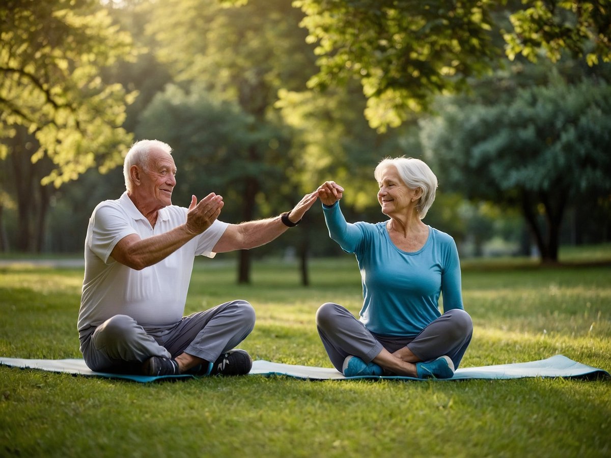 Zwei ältere Menschen sitzen im Freien auf einer Yogamatte in einem Park umgeben von Bäumen und natürlicher grüner Landschaft. Der Mann trägt ein weißes T-Shirt und graue Hosen, während die Frau ein blaues Oberteil und graue Leggings trägt. Sie sitzen einander gegenüber und scheinen fröhlich zu sein, während sie sich freundlich anschauen und die Hände heben, was auf eine entspannte und positive Interaktion hinweist. Es wirkt wie eine gemeinsame Übung oder Aktivität, die auf Gesundheit und Wohlbefinden abzielt.