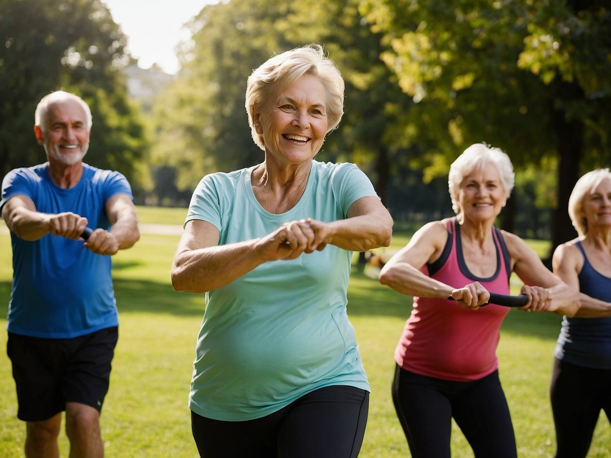 Eine Gruppe von älteren Menschen macht gemeinsam im Freien Sport. Die vier Personen lächeln und scheinen an einer Gruppenübung teilzunehmen. Sie tragen sportliche Bekleidung und nutzen Widerstandsbänder. Die Umgebung ist grün und sonnig, was eine aktive und gesunde Lebensweise symbolisiert. Regelmäßiger Sport kann für Senioren zahlreiche gesundheitliche Vorteile bringen, wie die Verbesserung der Fitness, die Erhaltung der Beweglichkeit, die Stärkung des Immunsystems sowie die Förderung des geistigen Wohlbefindens durch soziale Interaktion und Aktivität.