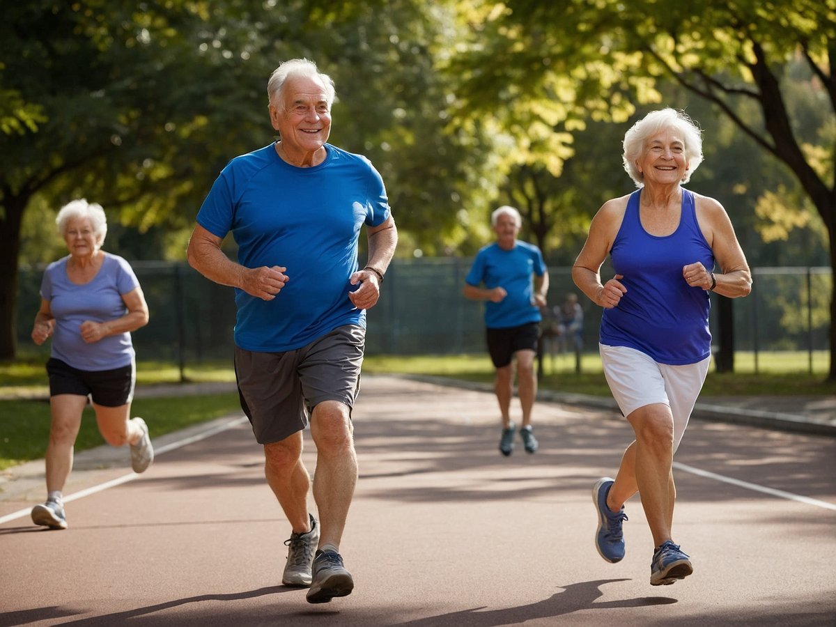 Eine Gruppe von Senioren joggt glücklich auf einem Pfad im Park umgeben von Bäumen und grünem Gras. Die Männer und Frauen tragen bequeme Sportkleidung in verschiedenen Farben und lächeln während sie laufen. Die Sonne scheint und es herrscht eine freundliche, aktive Atmosphäre. Der perfekte Ort für deine Sportarten.