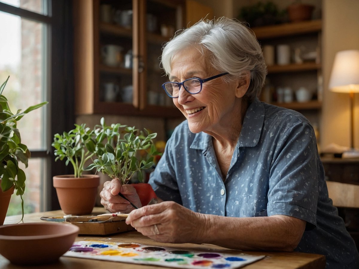 Eine ältere Frau mit grauem Haar und Brille sitzt an einem Holztisch und malt mit Aquarellfarben. Sie lächelt und hält einen Pinsel in der Hand. Um sie herum sind mehrere kleiner Töpfe mit grünen Pflanzen und eine Palette mit verschiedenen Farbtönen auf einem Blatt Papier. Im Hintergrund sind Regale mit Geschirr und ein warmes Licht von einer Lampe zu sehen.
