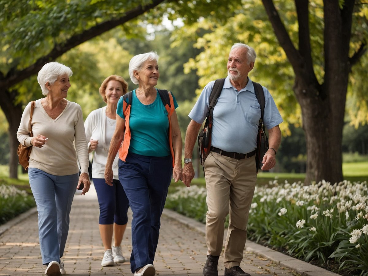Eine Gruppe älterer Menschen geht fröhlich in einem Park spazieren. Es sind zwei Frauen und ein Mann zu sehen, die in sportlicher Kleidung gekleidet sind. Eine weitere Frau folgt ihnen, während sie miteinander lachen und sich unterhalten. Die Umgebung ist grün mit Bäumen und Blumen, was eine entspannte und gesunde Atmosphäre vermittelt. Diese Art von Aktivitäten kann wichtig sein, um das Immunsystem im Alter zu stärken, da regelmäßige Bewegung und soziale Interaktionen das allgemeine Wohlbefinden fördern.
