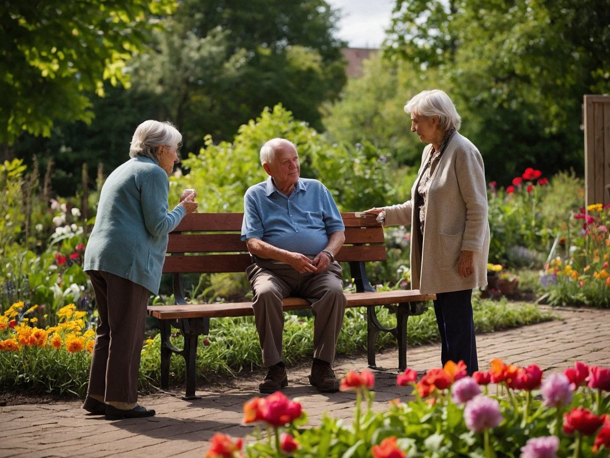 Ältere Menschen sitzen in einem blühenden Garten und unterhalten sich auf einer Bank. Zwei Frauen sprechen miteinander, während ein Mann aufmerksam zuhört. Der Garten ist reich an bunten Blumen und gesunder Vegetation, was eine positive Atmosphäre schafft. Diese Umgebung kann für Senioren entspannend sein, doch es ist wichtig, auf Gesundheitsrisiken wie Infektionen zu achten, da sie anfälliger für Krankheiten sind. Ein unvorsichtiger Umgang mit Bakterien und Viren im Freien kann zu gesundheitlichen Problemen führen. Zudem sollte man bei direkter Sonneneinstrahlung auf Hautschutz und ausreichende Flüssigkeitszufuhr achten.