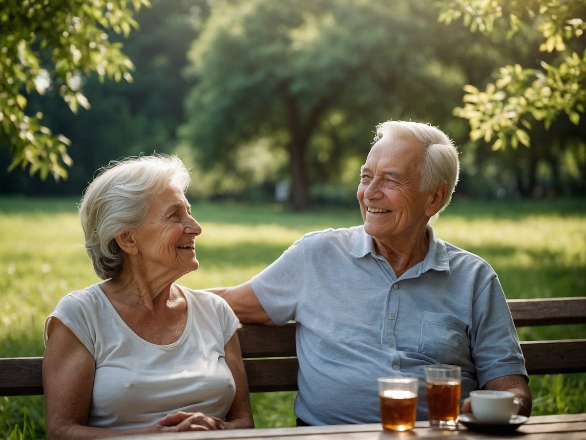 Auf dem Bild sind ein älteres Ehepaar zu sehen, das in einem Park auf einer Bank sitzt und lächelt. Die Frau hat graue Haare und trägt ein einfaches helles Oberteil, während der Mann ebenfalls graue Haare hat und ein hellblaues Hemd trägt. Vor ihnen stehen Gläser mit einer hellbraunen Flüssigkeit und eine Tasse auf einem Tisch. Im Hintergrund ist eine grüne Wiese und Bäume zu sehen, was eine entspannte und harmonische Atmosphäre schafft. Um das Immunsystem zu stärken, ist es wichtig, sich gesund zu ernähren, regelmäßig körperlich aktiv zu sein, ausreichend Wasser zu trinken und genügend Schlaf zu bekommen. Soziale Interaktionen wie diese können ebenfalls die mentale Gesundheit fördern.