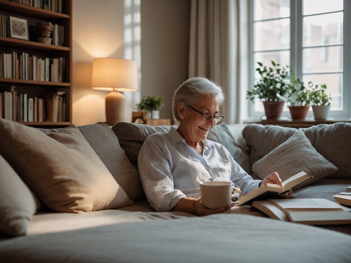 Eine ältere Frau sitzt entspannt auf einem beigen Sofa in einem hellen Zimmer. Sie trägt eine leichte, helle Bluse und eine Brille. In ihrer rechten Hand hält sie eine Tasse, während sie in ein Buch auf ihrem Schoß schaut und lächelt. Neben ihr liegen mehrere offene Bücher und Kissen auf dem Sofa. Im Hintergrund sind ein Bücherregal mit vielen Büchern, eine Tischlampe und einige Zimmerpflanzen auf einer Fensterbank zu sehen. Durch das Fenster strömt Tageslicht in den Raum und schafft eine gemütliche Atmosphäre.