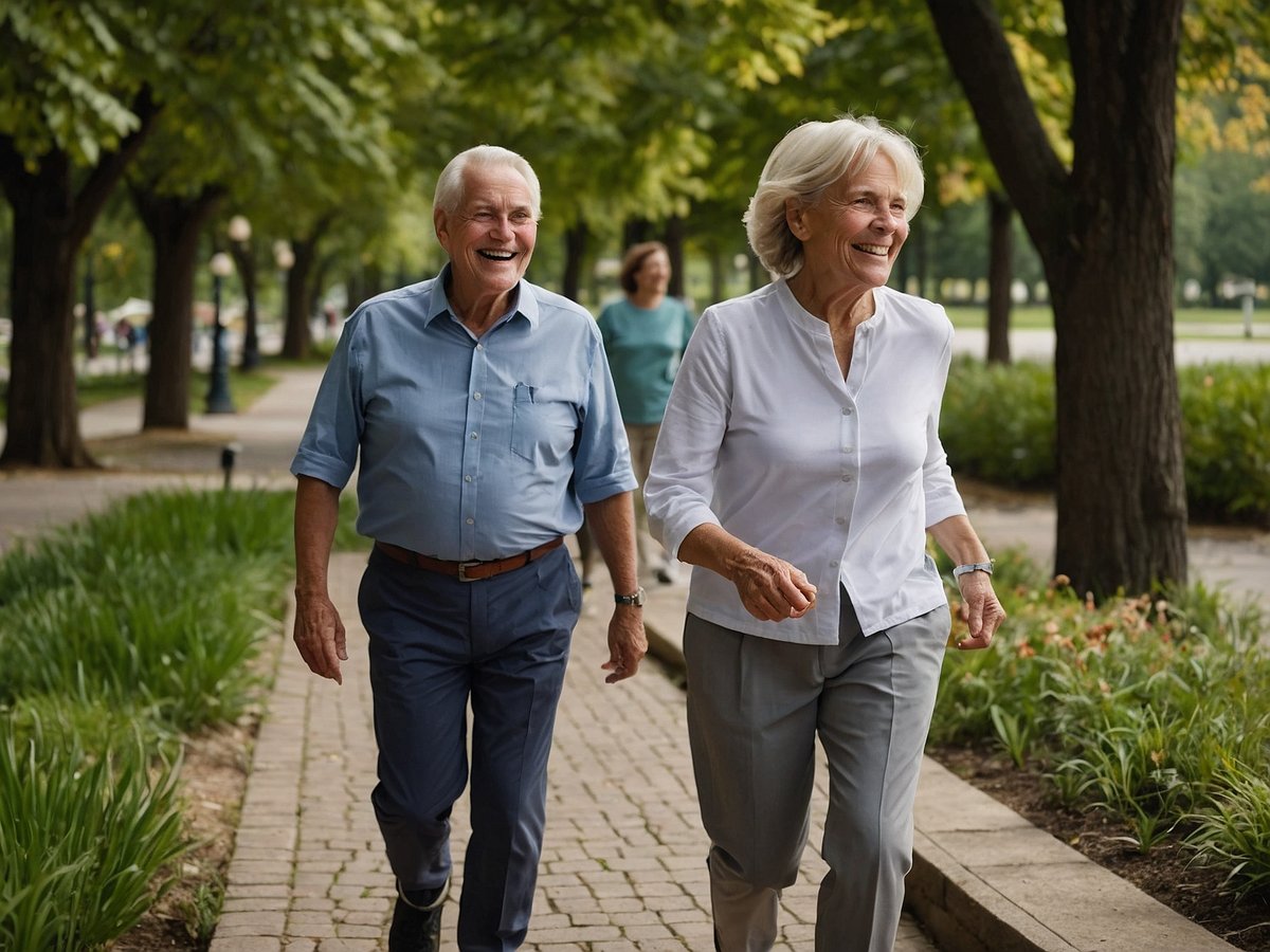 Eine Gruppe älterer Menschen genießt einen Spaziergang in einem grünen Park. Sie lächeln und wirken aktiv und glücklich. Die Umgebung ist von Bäumen umgeben und die Wege sind gut gepflastert. Die Senioren tragen bequeme Kleidung und scheinen in bester Gesundheit zu sein, was durch ihren aktiven Lebensstil und die Beteiligung an regelmäßiger Bewegung unterstützt wird. Ihre Gesundheit wird zusätzlich durch Vorbeugung durch Impfungen gefördert, um ein aktives und erfülltes Leben im Alter zu ermöglichen.