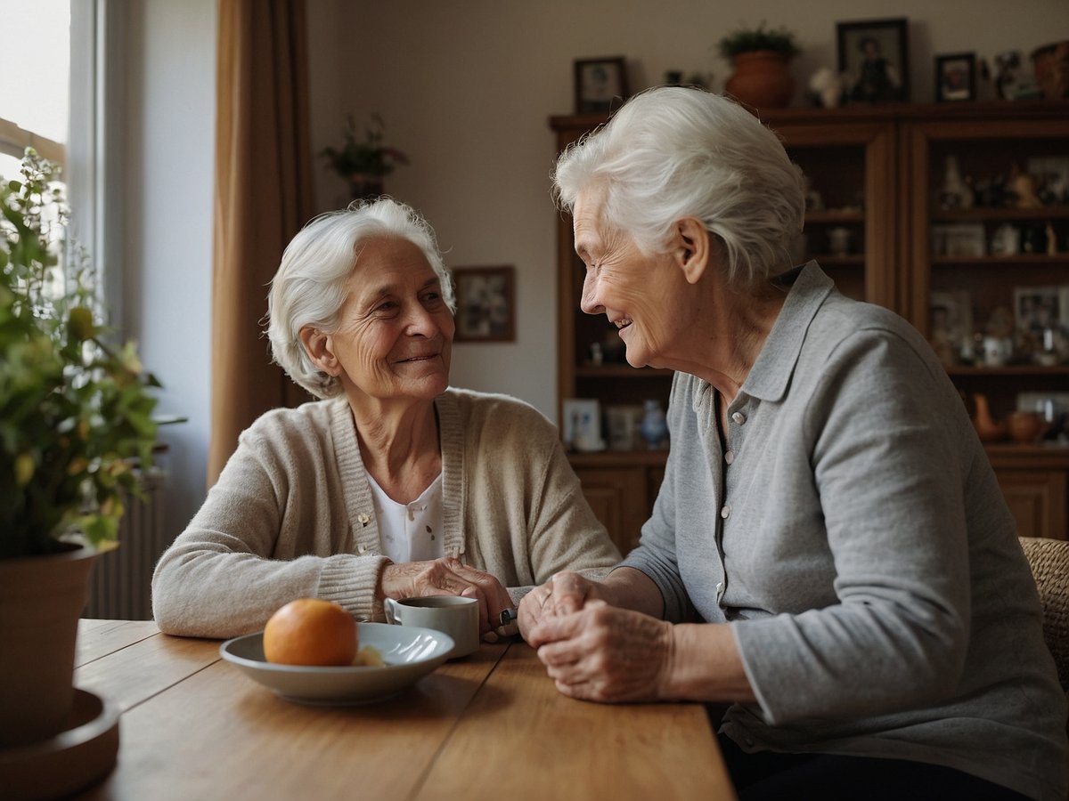 Zwei ältere Frauen sitzen am Tisch und lachen einander an. Auf dem Tisch stehen eine kleine Schüssel mit einer Orange und einem weiteren Stück Obst sowie eine Tasse. Im Hintergrund sind Regale mit persönlichen Gegenständen und Bildern zu sehen, die eine warme, heimelige Atmosphäre schaffen. Die Frauen wirken entspannt und erfreut, während sie Zeit miteinander verbringen.