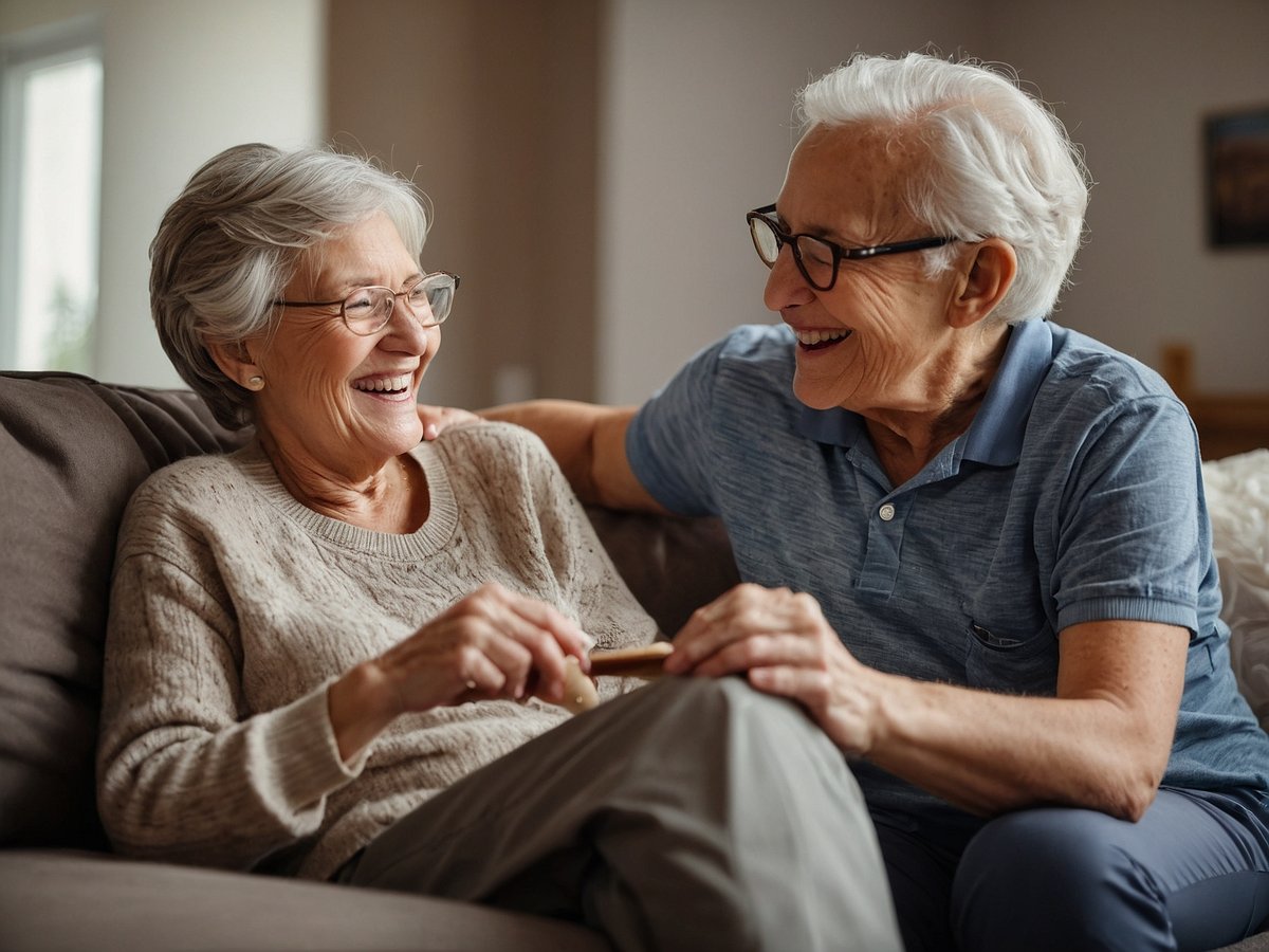 Auf dem Bild sind zwei ältere Frauen zu sehen, die auf einer Couch sitzen und miteinander lachen. Sie wirken entspannt und zufrieden, während sie sich miteinander unterhalten. Eine der Frauen trägt einen Pullover, die andere ein Hemd, und beide haben Brillen auf. Die Szene strahlt eine herzliche Atmosphäre aus, die auf eine enge Freundschaft oder Beziehung hinweist. Es wird sichtbar, dass soziale Interaktion und emotionale Unterstützung in der häuslichen Pflege wichtig sind.