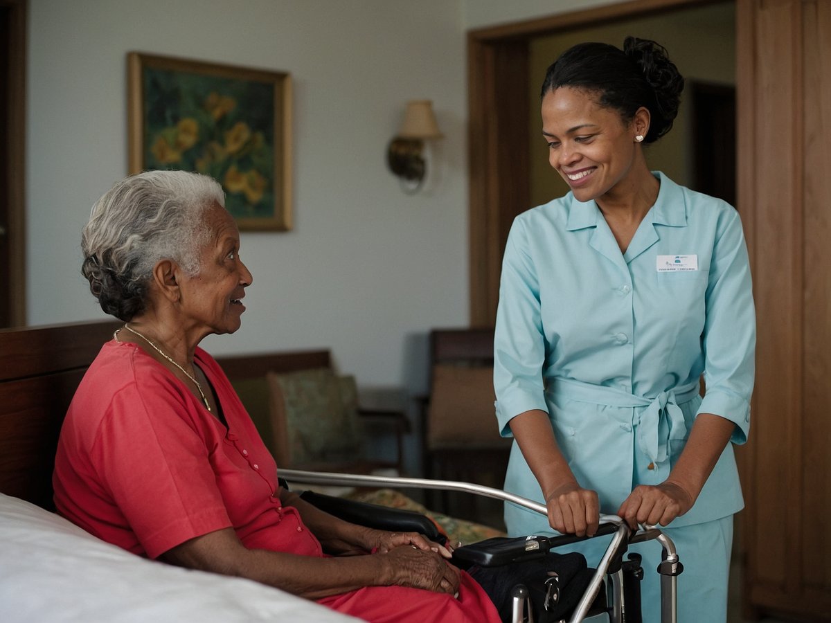 Eine ältere Frau sitzt auf einem Bett und blickt lächelnd auf eine Pflegekraft, die neben ihr steht. Die Pflegekraft trägt ein hellblaues Pflegehemd und hat ihre Hände an einem Rollator. Im Hintergrund sind eine Holzlampe und ein Bild mit blühenden Blumen zu sehen. Die Szene vermittelt Wärme und Aufmerksamkeit in der häuslichen Pflege.