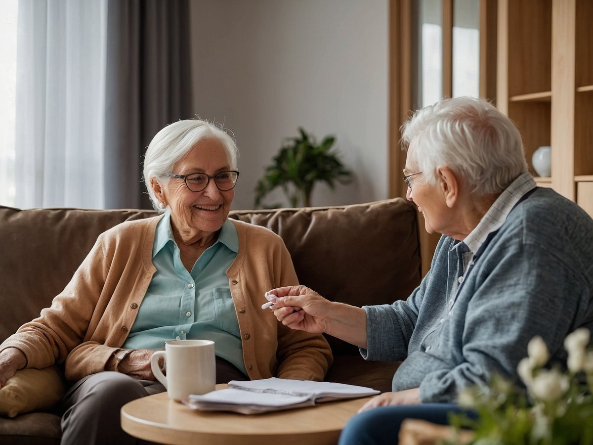 Zwei ältere Frauen sitzen auf einer Couch in einem hellen, freundlichen Raum. Beide haben ein Lächeln auf den Lippen und scheinen einander zuzuhören und zu plaudern. Die Frau links trägt eine beigefarbene Strickjacke über einem hellen Oberteil und hält eine Tasse in der Hand. Die Frau rechts ist in einem grauen Oberteil gekleidet und gestikuliert freundschaftlich mit der Hand, während sie einem Heft Aufmerksamkeit schenkt, das auf einem Couchtisch liegt. Im Hintergrund sind Pflanzen und Möbel zu sehen, die eine einladende Atmosphäre schaffen.