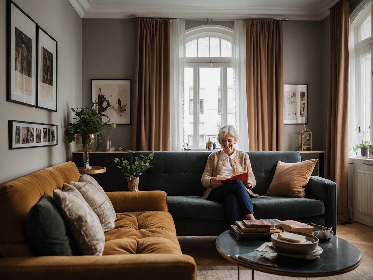 Eine ältere Frau sitzt lächelnd auf einem Sofa in einem ansprechend eingerichteten Wohnzimmer und liest ein Buch. Der Raum ist hell und freundlich gestaltet, mit großen Fenstern, die viel natürliches Licht hereinlassen. Auf dem Tisch vor ihr liegen einige Bücher und Geschirrteile, während Pflanzen und Bilder an den Wänden den Raum gemütlich wirken lassen. Die häusliche Pflege bietet den Vorteil, dass Senioren in ihrer gewohnten Umgebung bleiben können und familiäre Nähe erleben. Nachteilig kann jedoch sein, dass nicht immer professionelle Unterstützung verfügbar ist und die körperliche Belastung für Angehörige hoch sein kann.